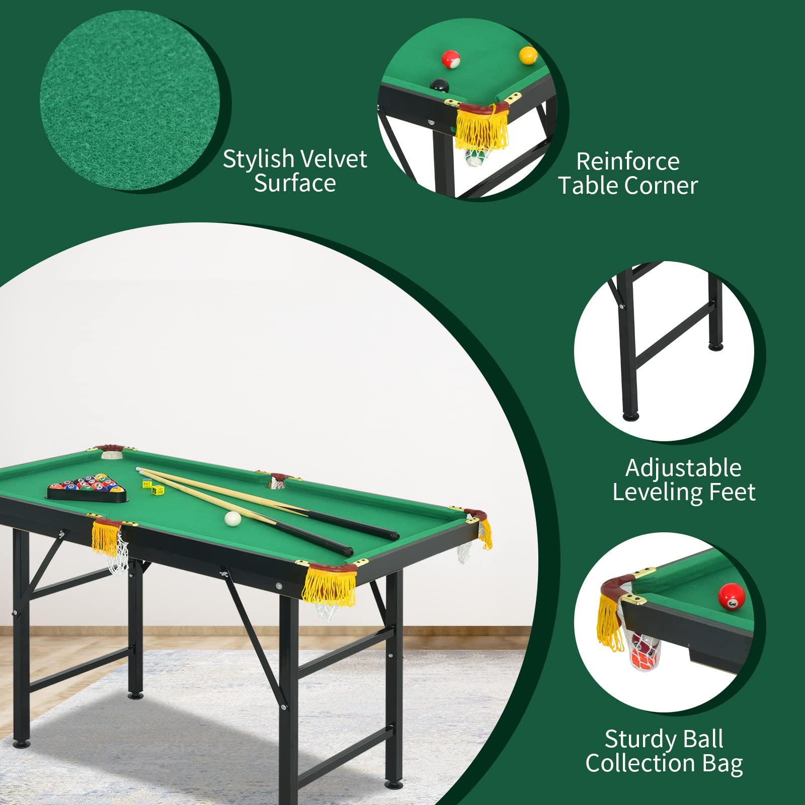 OLAKIDS 47 Inch Portable Folding Billiards Table Set - Includes 2 Billiard Cues, Balls, Triangle Rack, Brush & Chalk - Compact Pool Table for Kids, Adults, Family & Office - Perfect for Indoor Games, Birthday Gifts & Home Entertainment