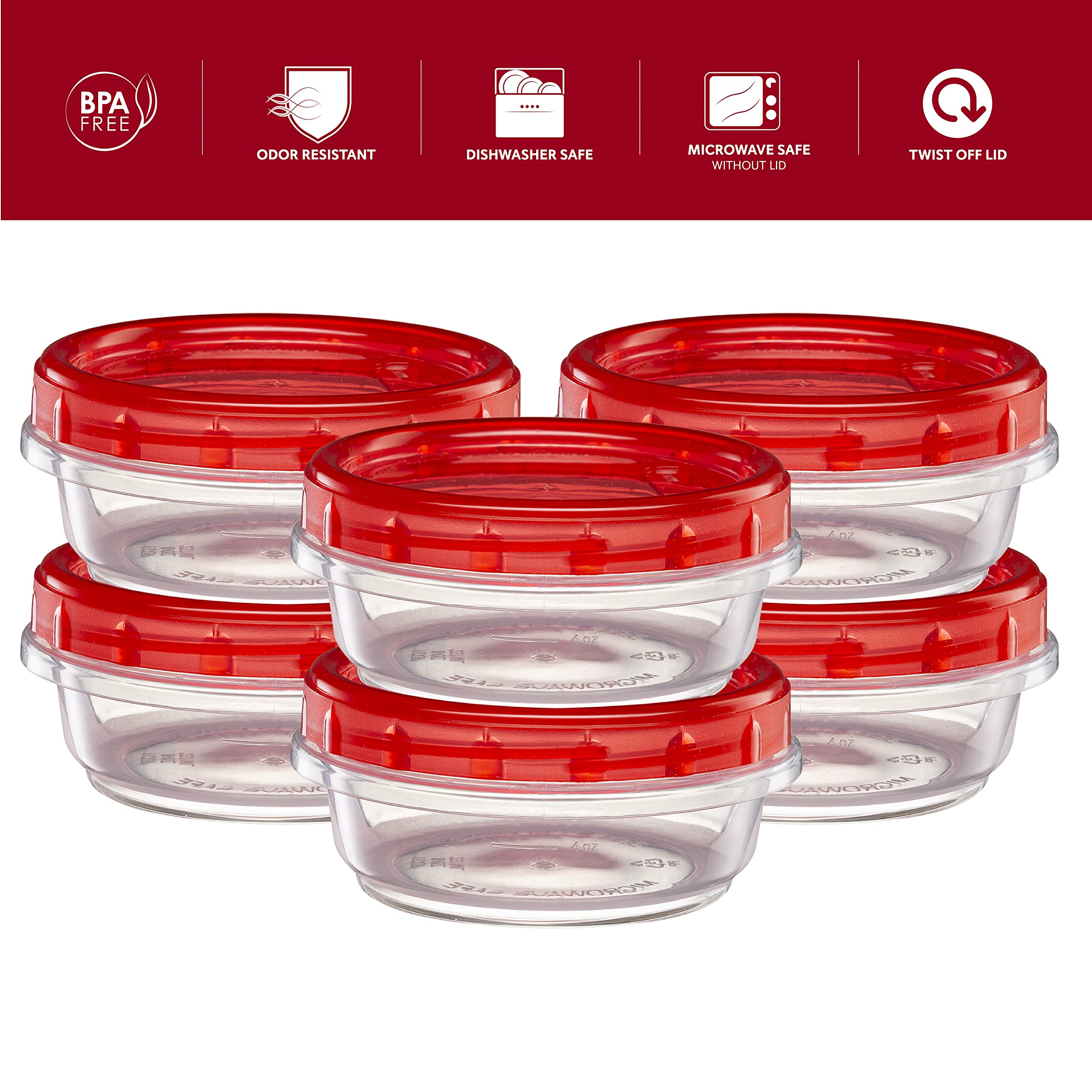 8 Ounce (20 Pack) Clear Bottom Red Top Twist Cap Food Storage Containers with Screw-On Lids | Airtight Freezer-Safe Containers for Meal Prep, Leftovers & Snacks