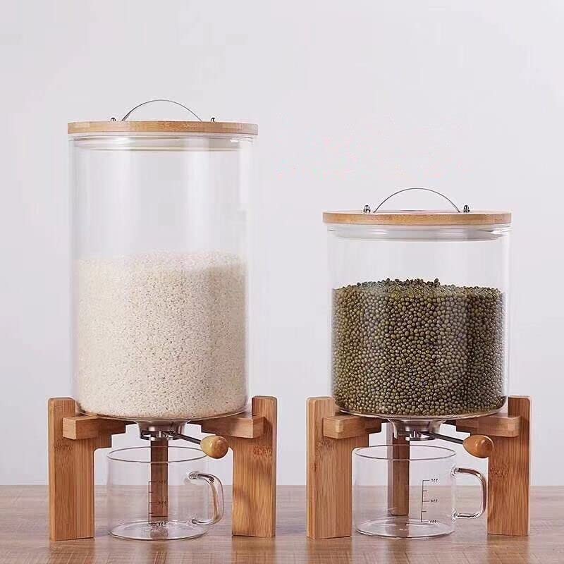 Large Glass Cereal Dispenser with Wooden Stand - Countertop Grain Storage for Coffee Beans, Tea, Oatmeal, Pasta, Rice & Dry Foods - Keep Soybeans, Corn & More Fresh - Perfect for Kitchen Pantry Organization & Bulk Food Storage
