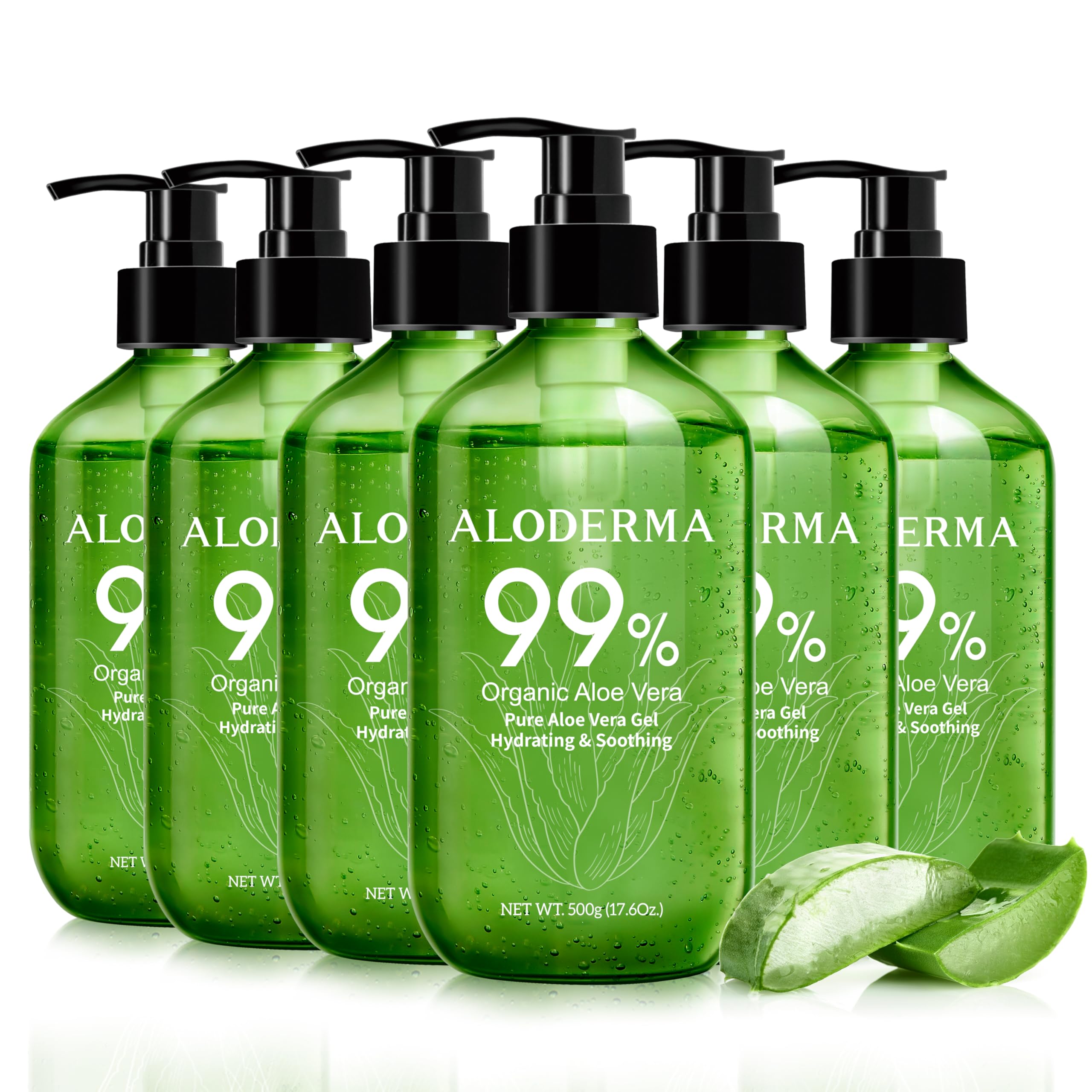 Aloderma 99% Organic Pure Aloe Vera Gel - Freshly Harvested within 12 Hours, 17.6oz Pump Bottle (6-Pack) | Lightweight Non-Sticky Formula for Sunburn Relief, Face & Hair Care | Perfect for After-Sun Soothing, Daily Skincare & Hair Hydration