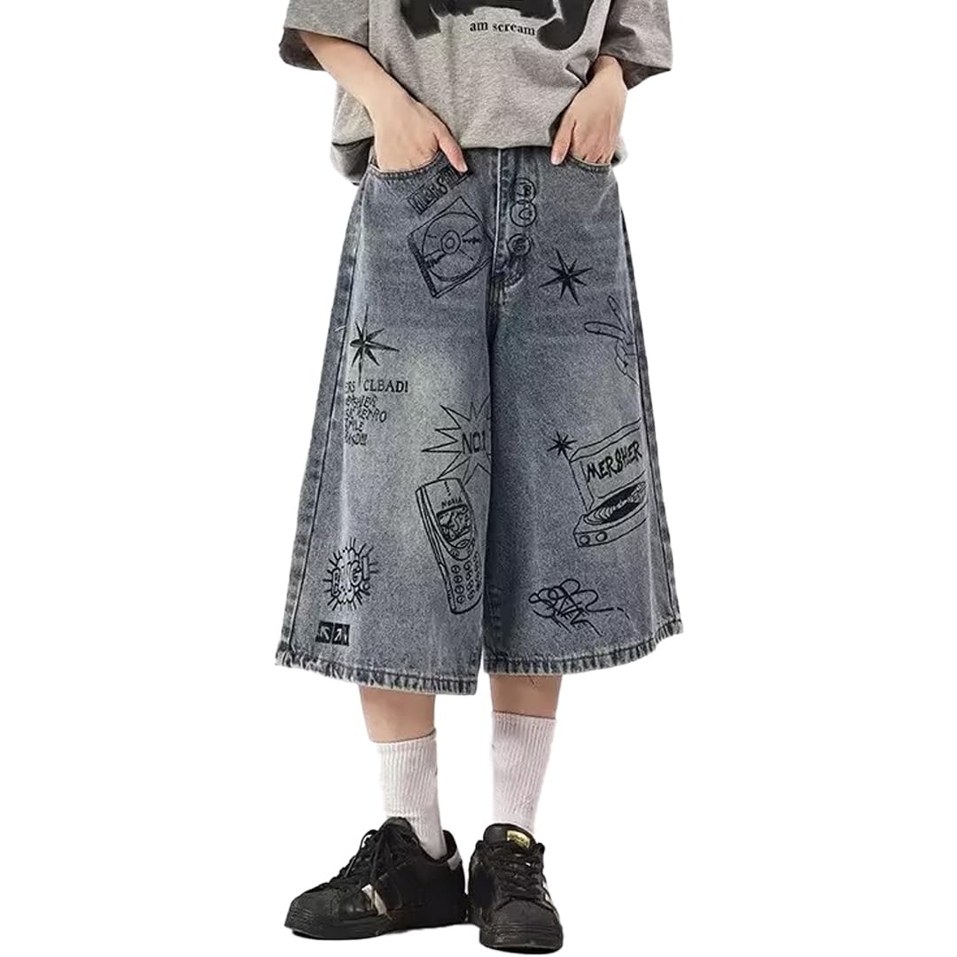 Y2K Jean Jorts - Graffiti Baggy Casual Loose Straight Wide Leg Denim Shorts for Women | Hip Hop Streetwear | Perfect for Music Festivals, Concerts & Urban Fashion