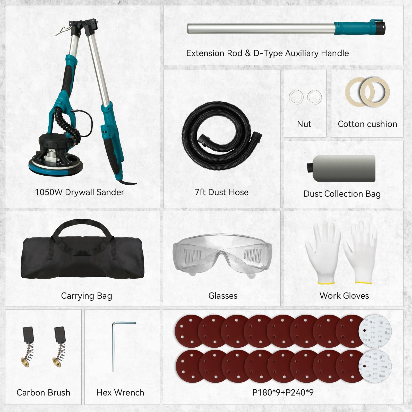 1050W Electric Drywall Sander with Vacuum Dust Collector - 6 Speed 2100RPM, 18 Sanding Discs, Extendable Pole & LED Lights for Smooth Wall Finishing - Perfect for Home Renovation, Drywall Repair and Professional Construction Projects