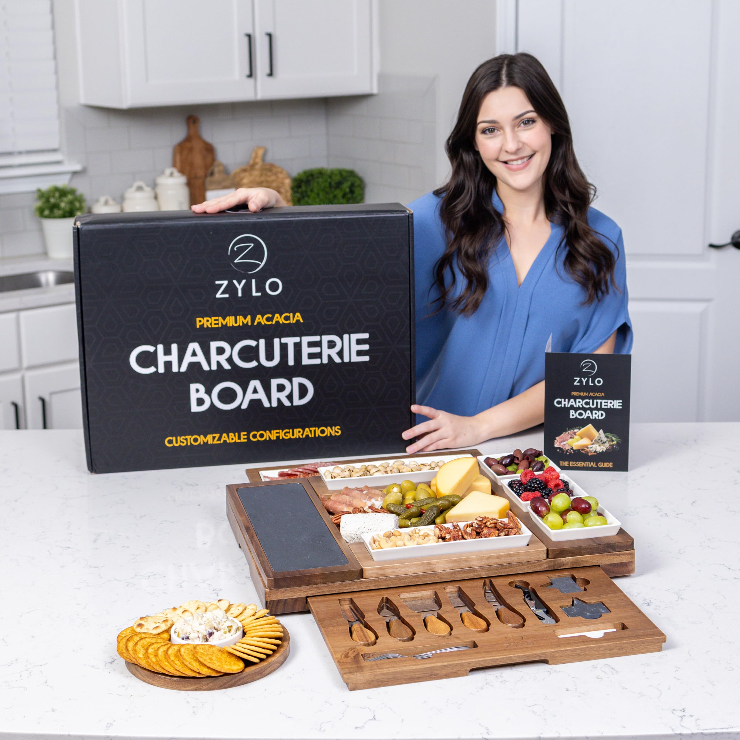 ZYLO Charcuterie Boards Gift Set - Large Acacia Wood Cheese Board & Slate Cutting Board with Ceramic Dishes & Knife Set - Removable Magnetic Serving Trays for Entertaining, Dinner Parties & Holiday Gifts