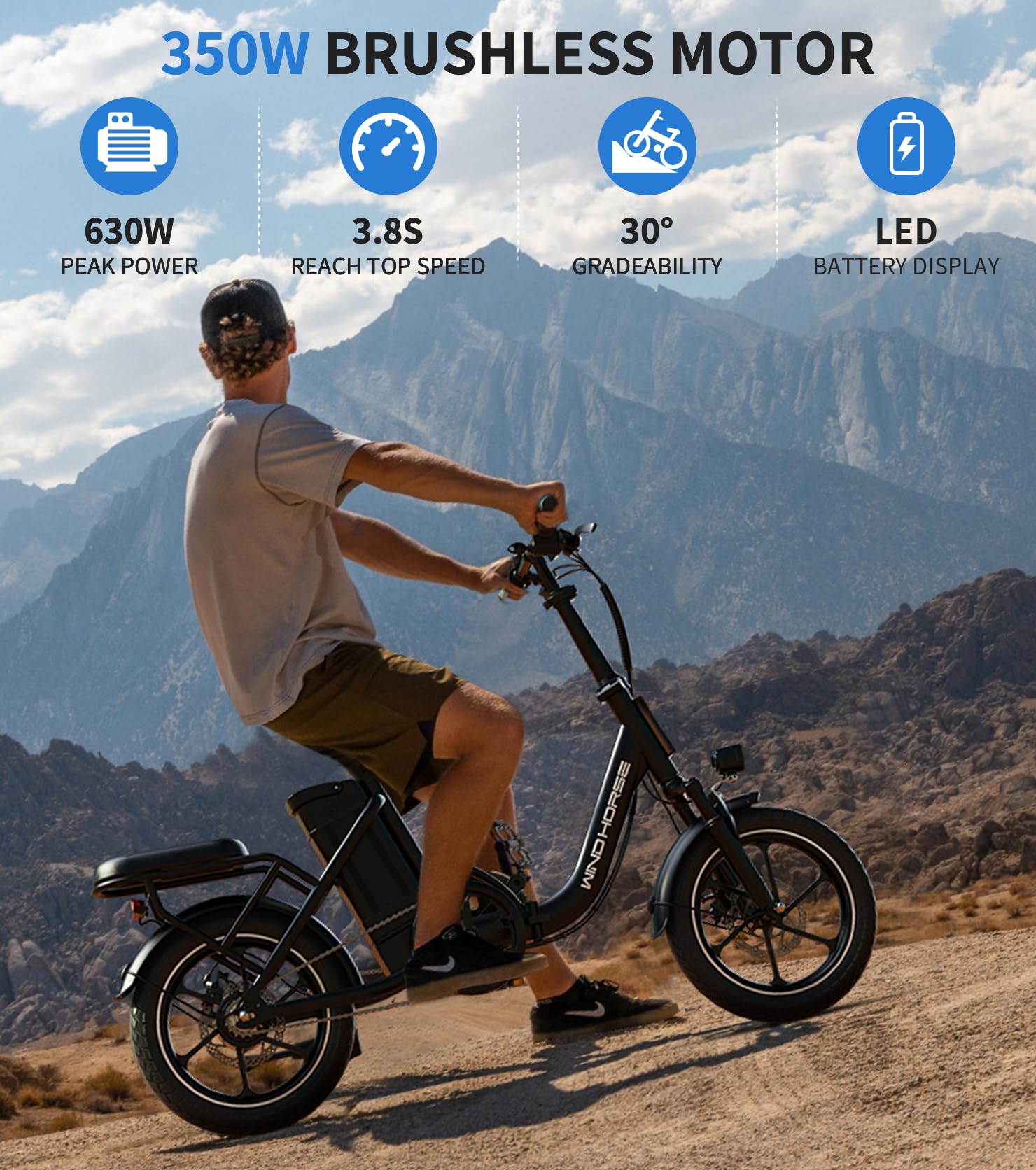 **WINDHORSE Electric Bike for Adults - 630W Peak Motor Folding E-Bike, 35 Miles Range, 25MPH, Dual Disc Brakes, Suspension & Removable Battery - Perfect for Commuting, City Riding & Outdoor Adventures**