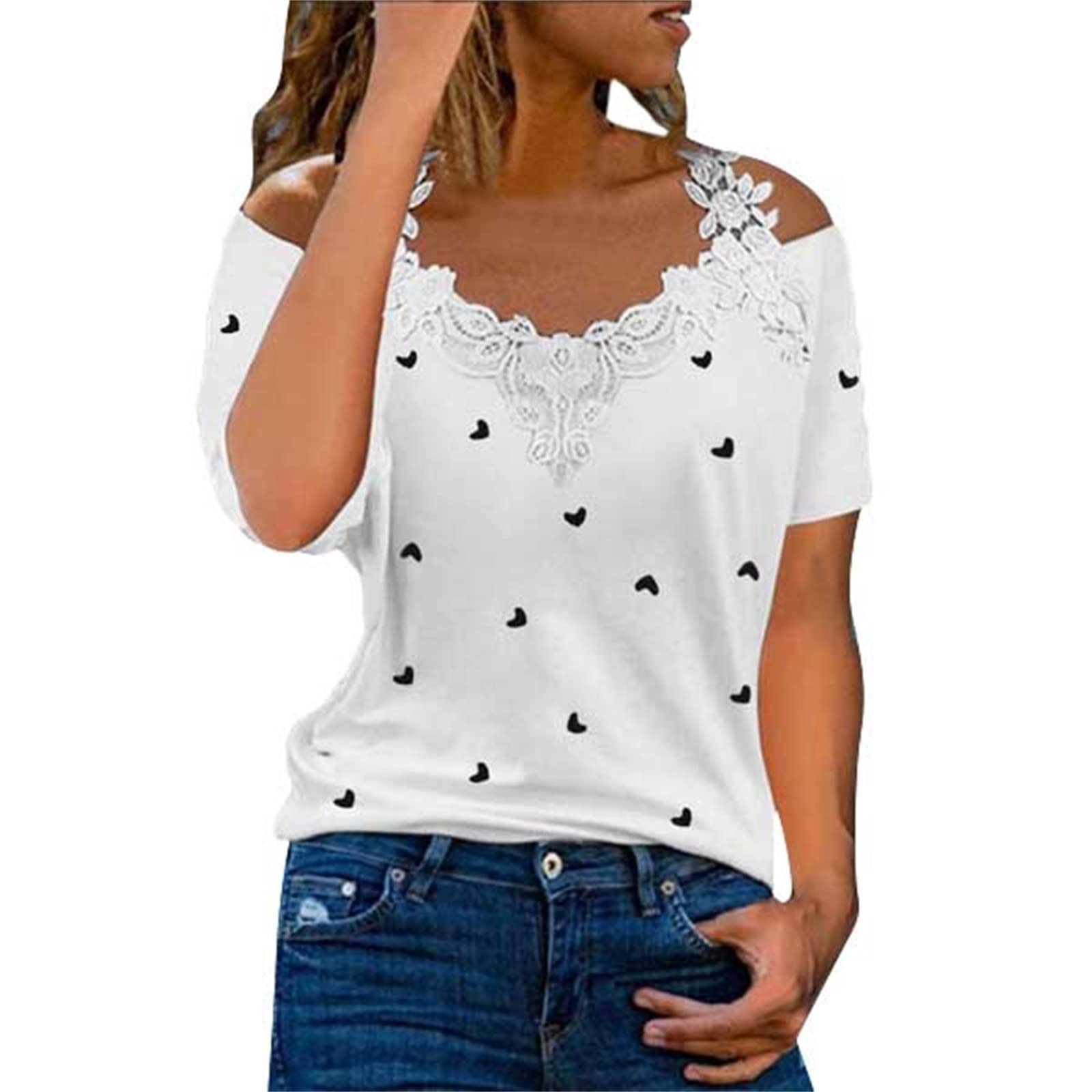 Sexy Lace Short Sleeve Women's Blouse - Heart Print Casual Tunic Top Tee Shirt for Date Night & Summer Outfits