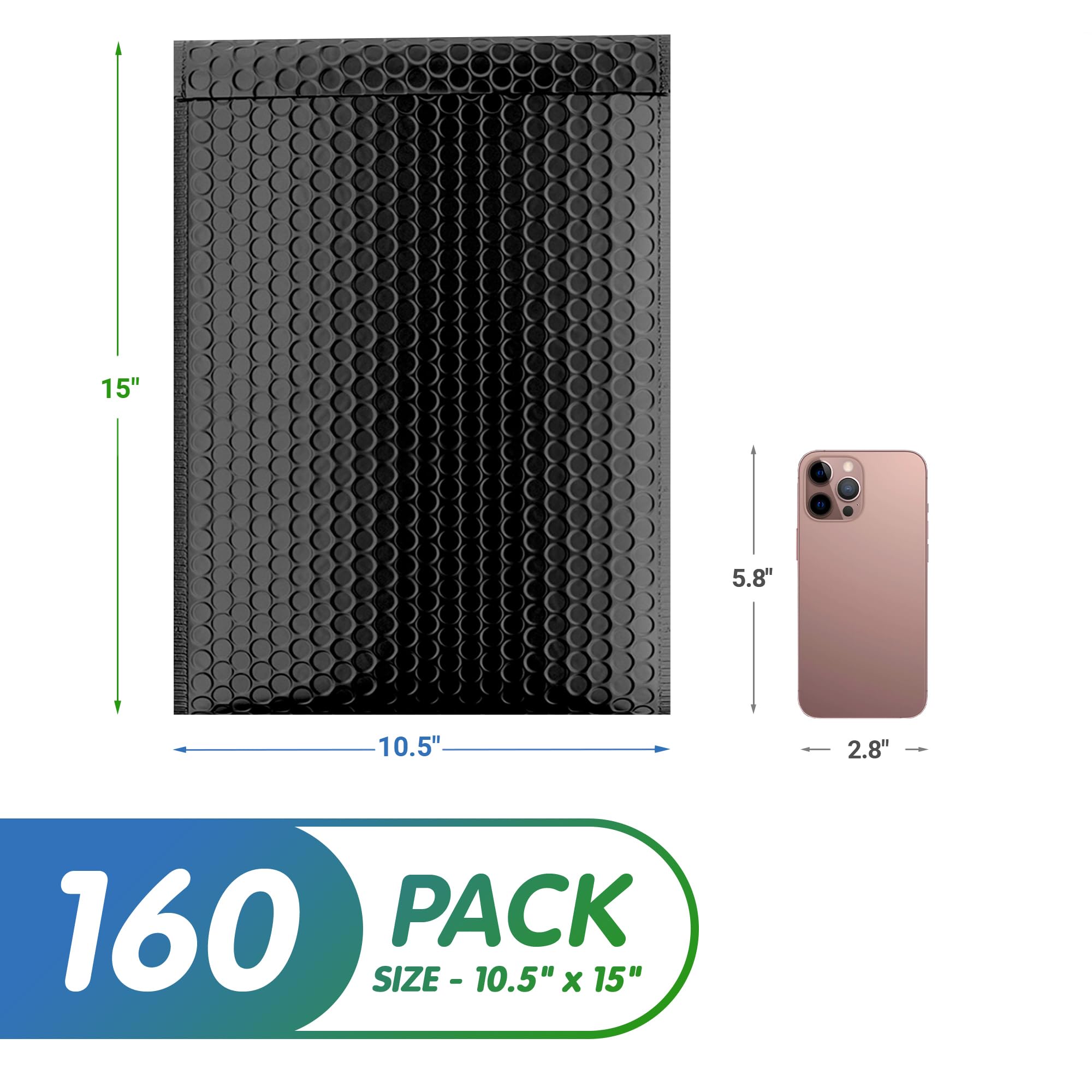 Black Poly Bubble Mailers Self Seal, 10.5 x 15 Inch - 160 Pack Bubble Shipping Envelopes | Durable Waterproof Padded Mailing Bags for Ecommerce, Amazon FBA, eBay & USPS Shipping | Perfect for Small Business, Online Sellers & Package Protection