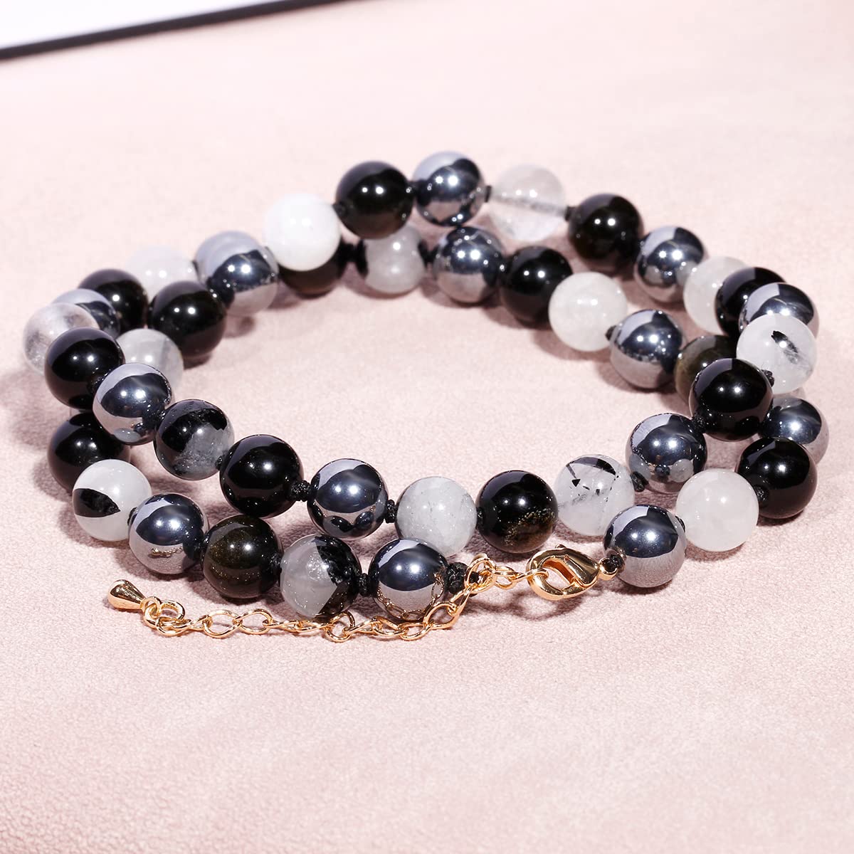 Natural Gemstone Choker Necklaces for Women & Men - Black Obsidian, Terahertz, Black Rutilated Quartz Crystal Beaded Healing Jewelry with Triple Protection | Spiritual Healing, Meditation & Energy Balancing Accessory