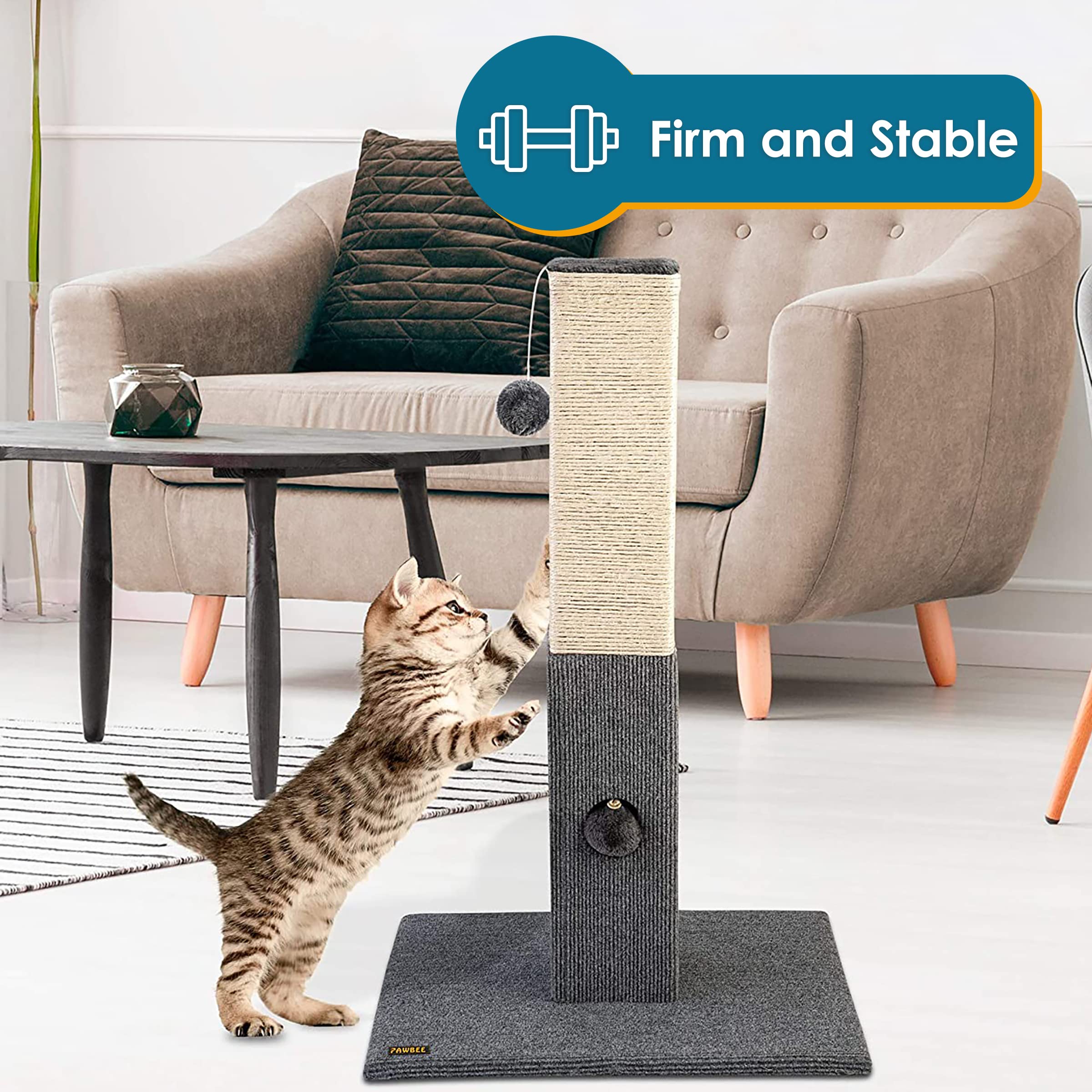 PAWBEE 32 Inch Tall Cat Scratching Post with Sisal Rope - Durable Indoor Cat Tree for Small & Large Cats - Cat Tower with Jingle Bell Toy - Perfect for Living Room, Bedroom & Home Office Play