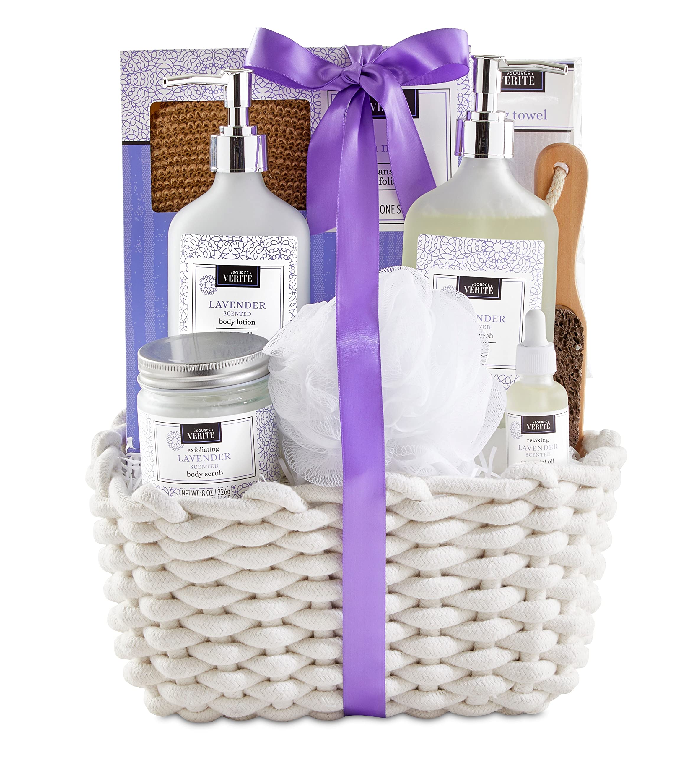Source Verite Deluxe Lavender Relaxation Spa Gift Basket - Premium Spa Gift Set with Lavender Aromatherapy for Women, Self Care & Stress Relief - Perfect for Mother's Day, Birthday & Anniversary Gifts