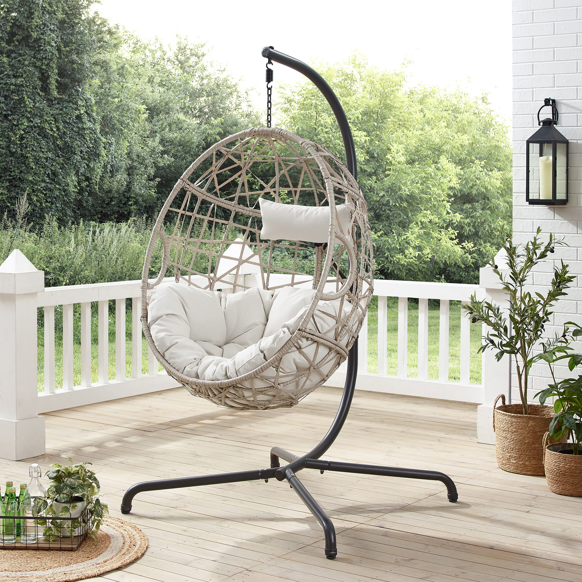 Outdoor Wicker Egg Hanging Chair with Stand - Rattan Swing Hammock for Patio, Balcony, Garden - Includes Comfortable Cushion - Perfect for Relaxing, Reading & Lounging (Beige)