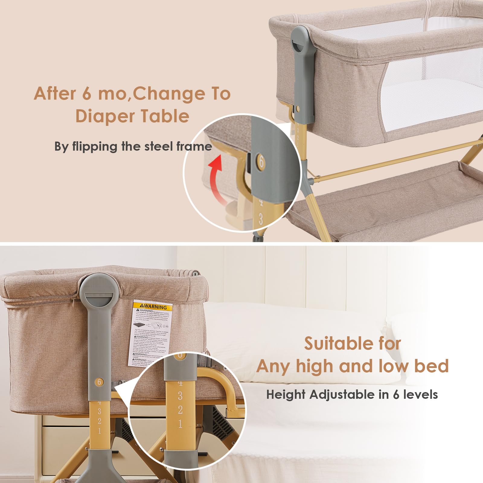 Portable Baby Bassinet with Waterproof Mattress Cover - Adjustable Height Bedside Crib with Wheels & Storage for Newborns (Warm Beige) | Perfect for Nursery, Bedroom & Travel Use
