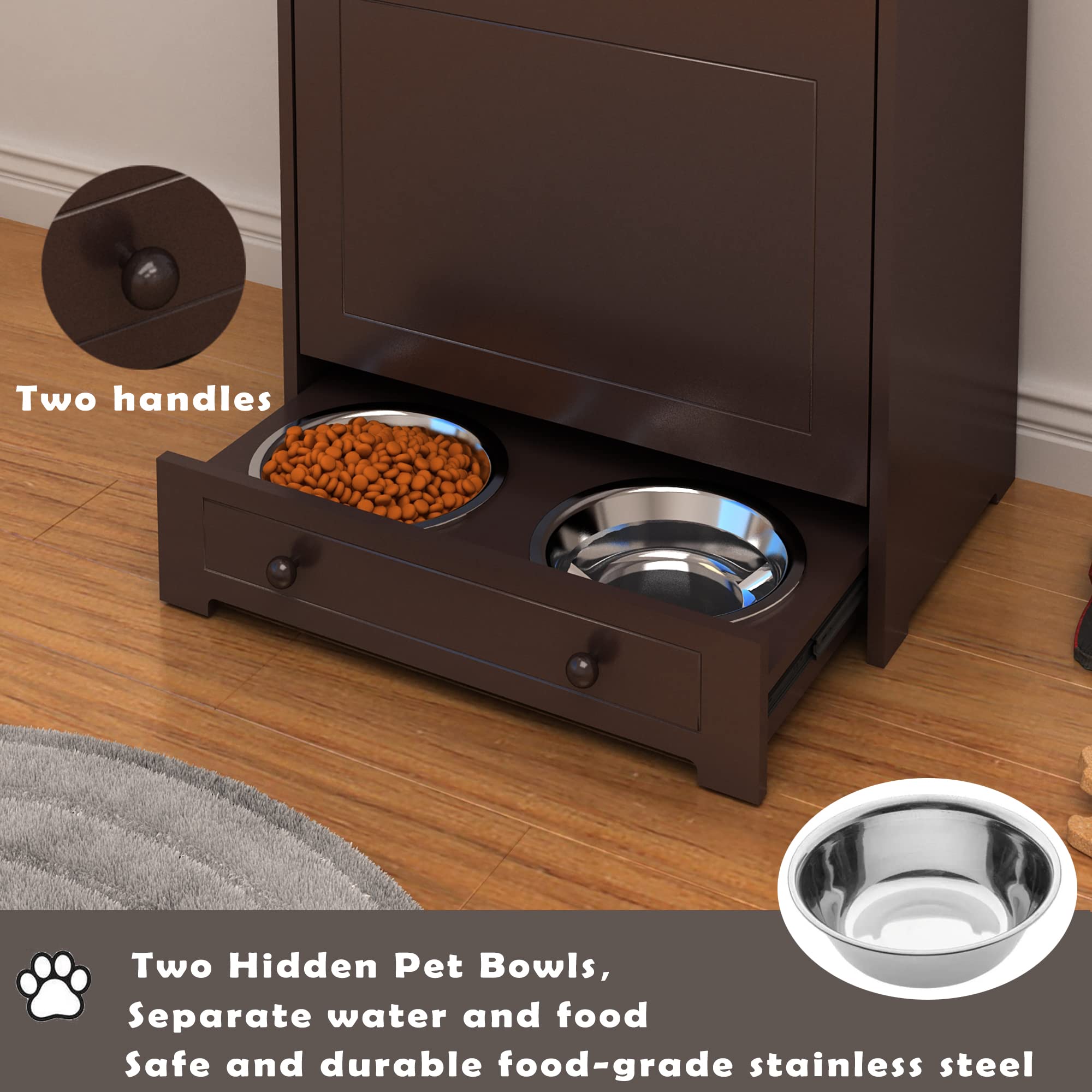Premium Dog Food Storage Cabinet with 2 Stainless Steel Bowls - Pet Feeding Station & Toy Organizer for Dogs and Cats - Space-Saving Brown Furniture for Kitchen or Laundry Room