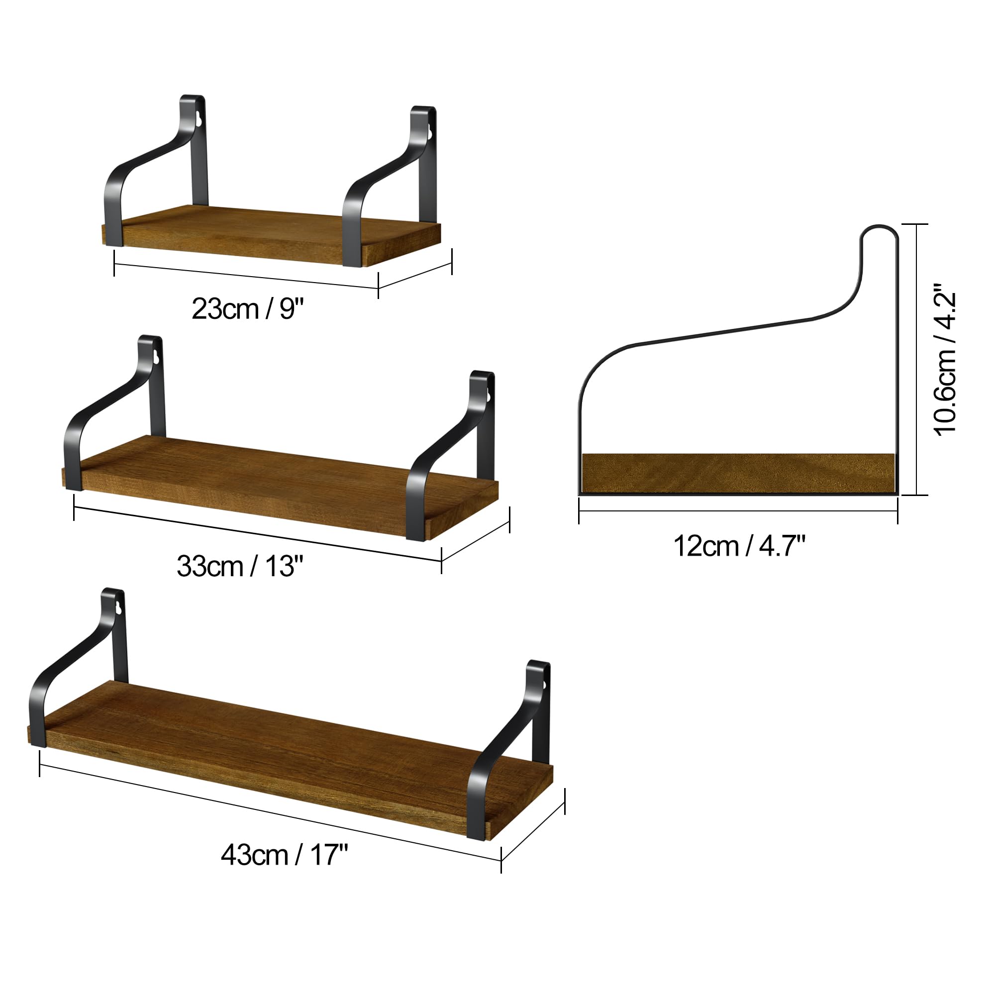Love-KANKEI Floating Wall Shelves Set of 3 - Rustic Light Walnut Wood Storage Shelves for Bedroom, Living Room, Bathroom & Kitchen - Perfect for Displaying Decor, Books & Organizing Small Items