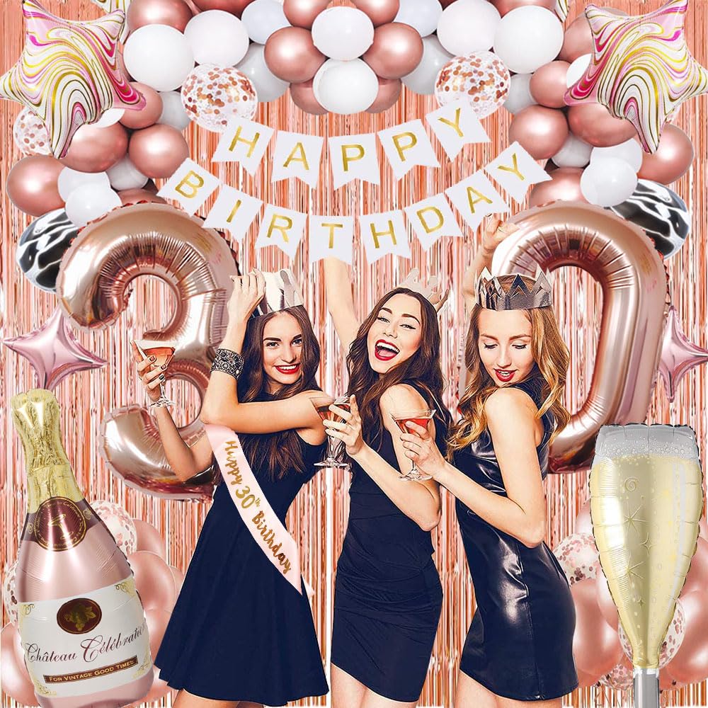 Rose Gold 30th Birthday Party Decorations for Women - Happy Birthday Banner, Cake Topper, Foil Balloons & Sash - 30 Birthday Party Supplies for Her - Perfect for Milestone Celebrations, Girls' Thirty Birthday Parties & Special Occasions