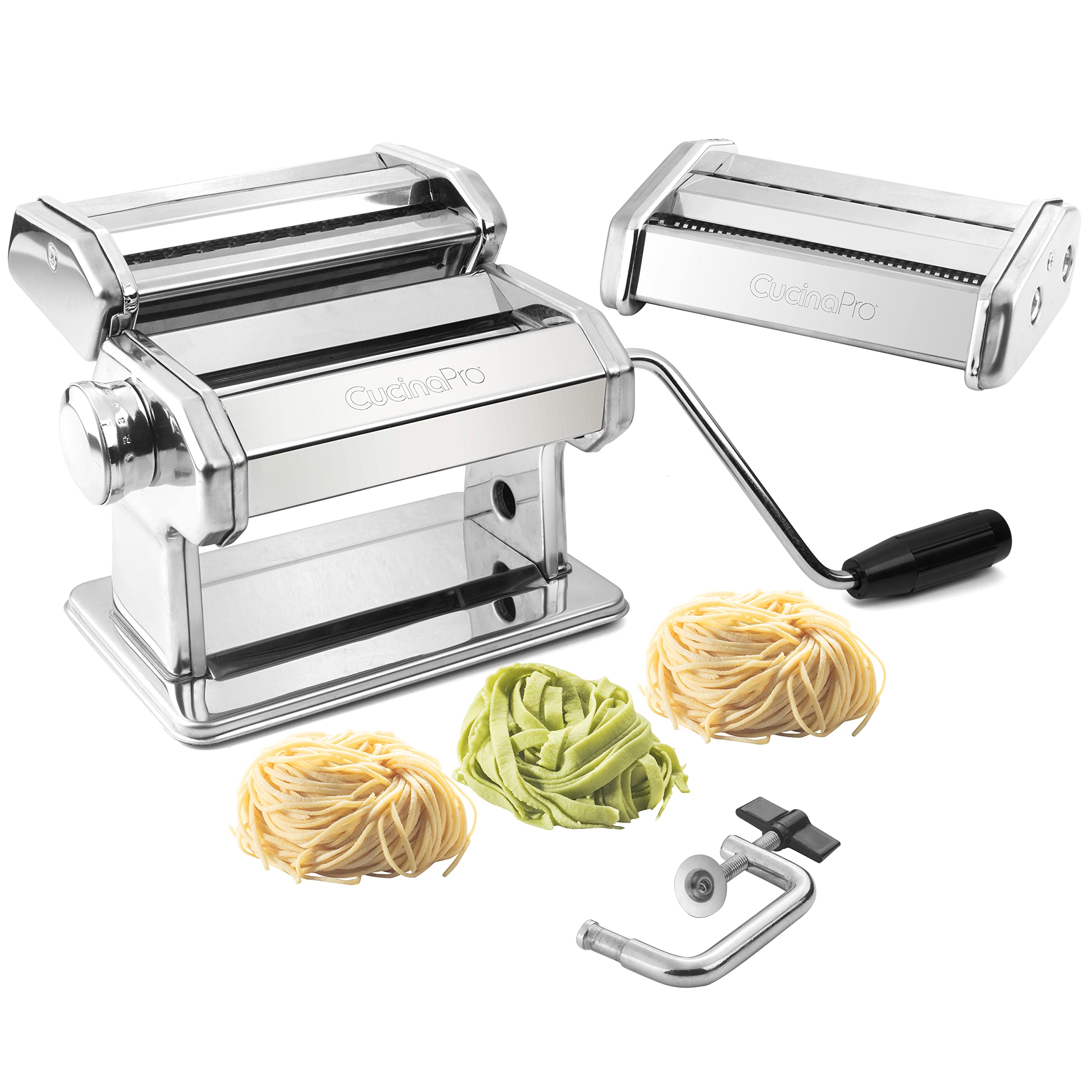 CucinaPro Pasta Maker Machine - Heavy Duty Chrome Steel Pasta Roller with Fettucine & Spaghetti Attachments, Adjustable Thickness Settings & Manual Hand Crank - Perfect for Homemade Italian Pasta, Family Dinners & Cooking Enthusiasts