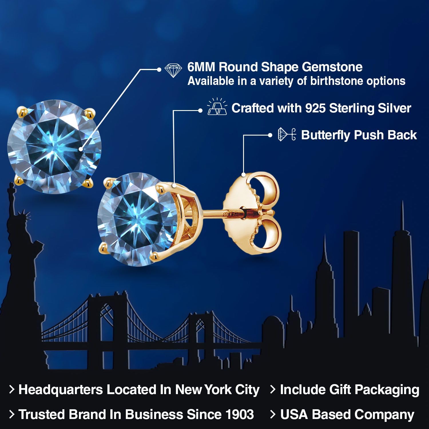 Gem Stone King 18K Gold Plated Sterling Silver 6MM Round Birthstone Stud Earrings for Women & Men | Personalized Zodiac Jewelry Gift for Birthday, Anniversary & Special Occasions