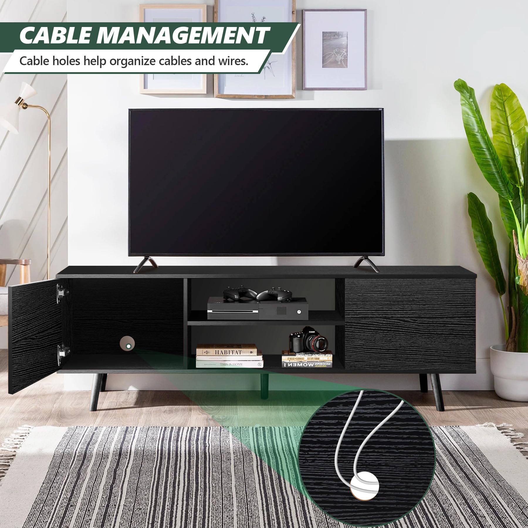 55-60 Inch TV Stand with Storage - Modern Black Wood Entertainment Center for Living Room, Bedroom & Office - Perfect for Home Theater & Media Organization