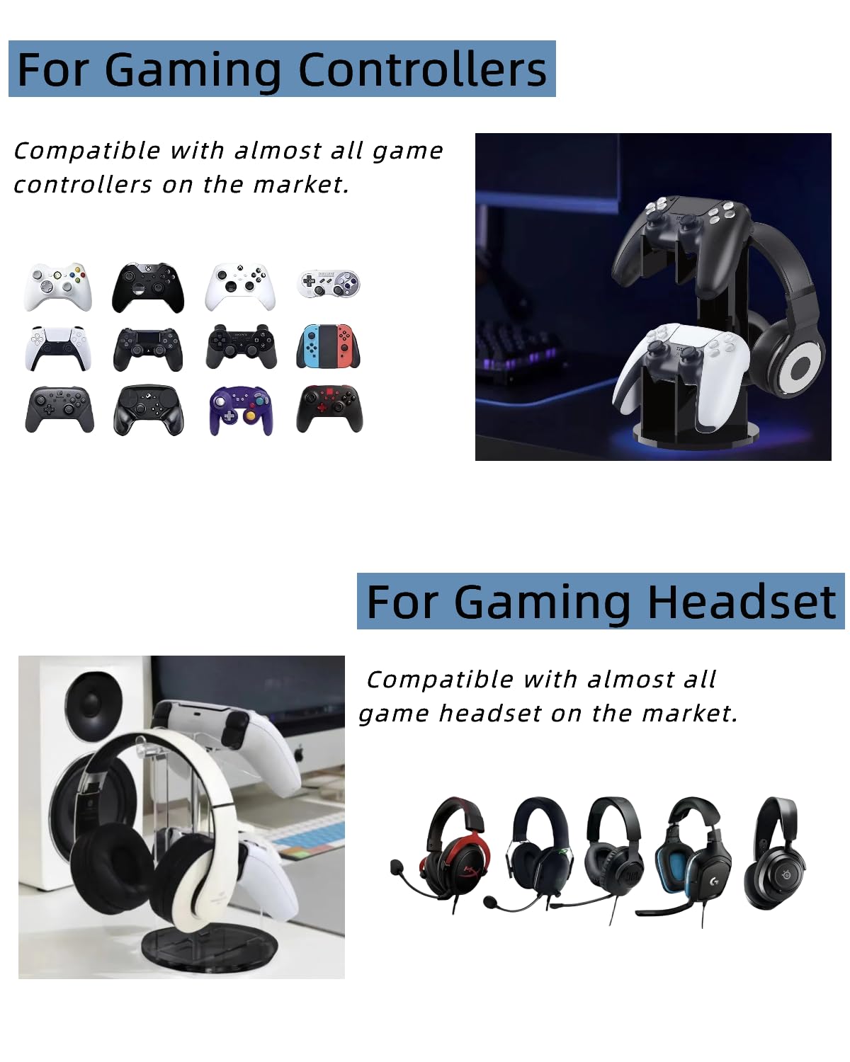 2 Tier Acrylic Controller Holder & Headphone Stand for PS5, PS4, Xbox ONE, Nintendo Switch - Universal Gaming Accessories Organizer with 3 Cable Clips (All Black) - Perfect for Gaming Setup & Desk Organization
