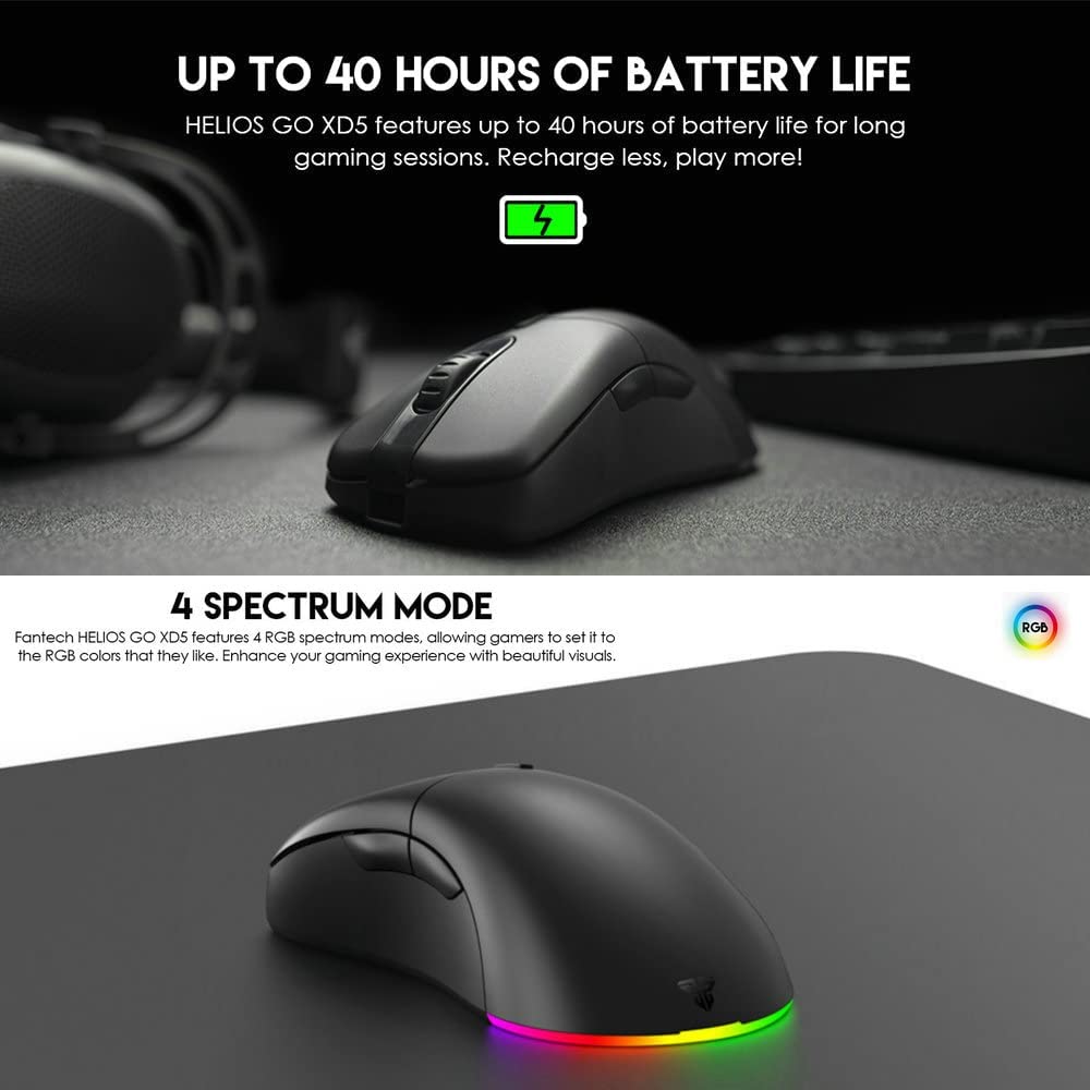 FANTECH Helios Go XD5 Wireless RGB Gaming Mouse - 19K DPI, 6 Programmable Buttons, 40H Battery Life, 72g Ultra-Lightweight - Ergonomic Esports Mouse for Small Hands | Perfect for FPS, MOBA & MMO Gaming | Black
