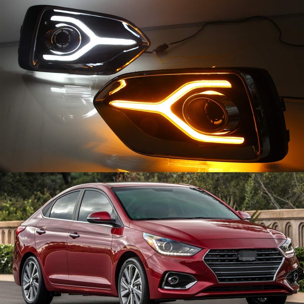 1 Pair LED DRL Daytime Running Lights with Yellow Turn Signals - Universal Fit for Hyundai Accent 2018-2019 - Fog Lights & Driving Lamps for Enhanced Visibility & Safety (Perfect for Night Driving, Off-Road Adventures & Bad Weather Conditions)