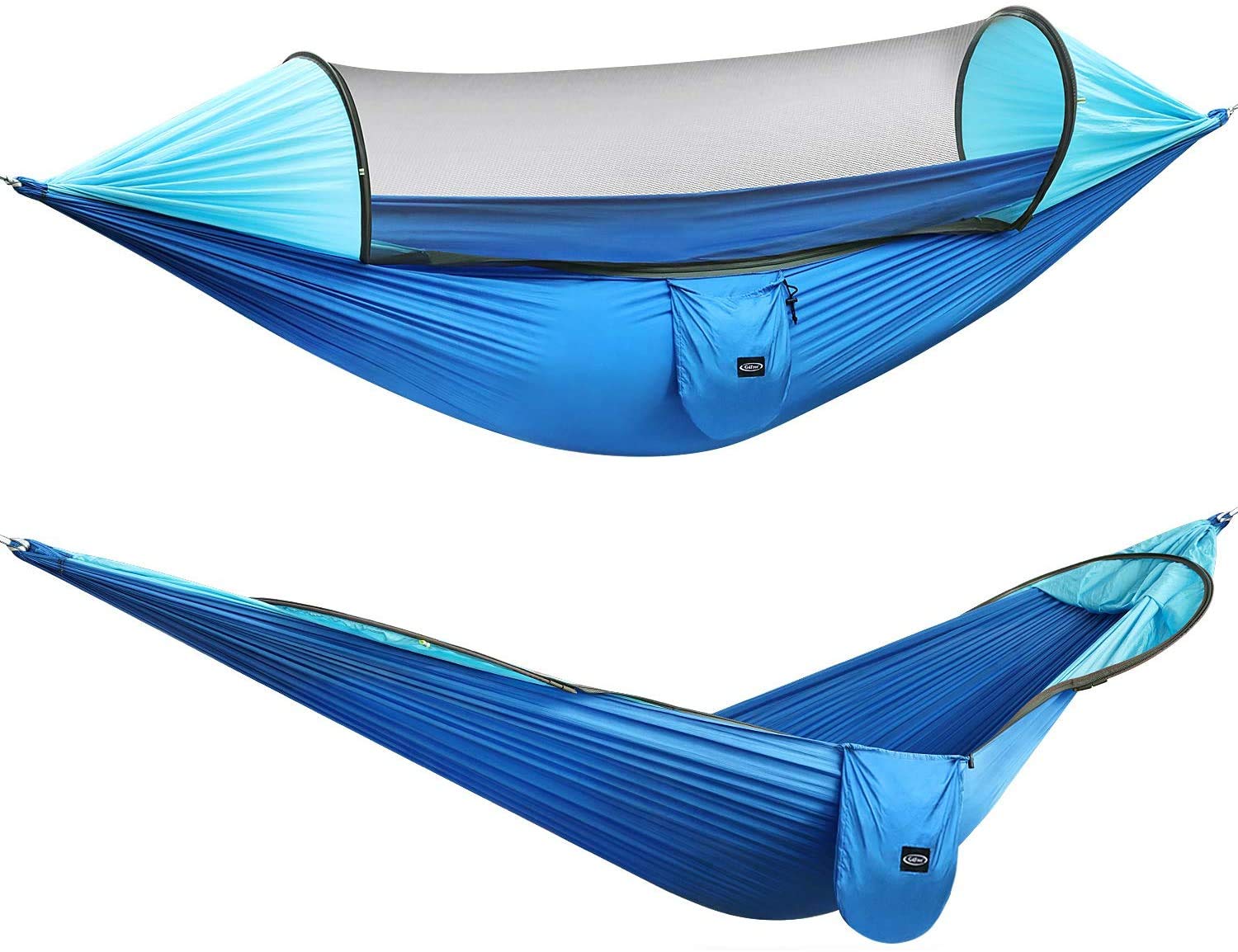 Meike 2-Person Camping Hammock with Mosquito Net - Lightweight Pop-Up Parachute Hammock with Tree Straps for Backpacking, Hiking & Backyard Relaxation (Blue/Light Blue) - Perfect for Outdoor Adventures, Beach Lounging & Garden Napping