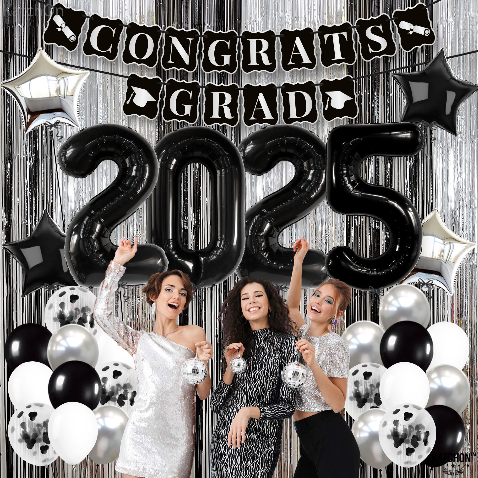2025 Graduation Party Decorations Set - 43-Piece Black & Silver Balloons, Congrats Grad Banner | Elegant Black & White Graduation Theme | Perfect for High School & College Graduation Ceremonies, Parties & Photo Backdrops