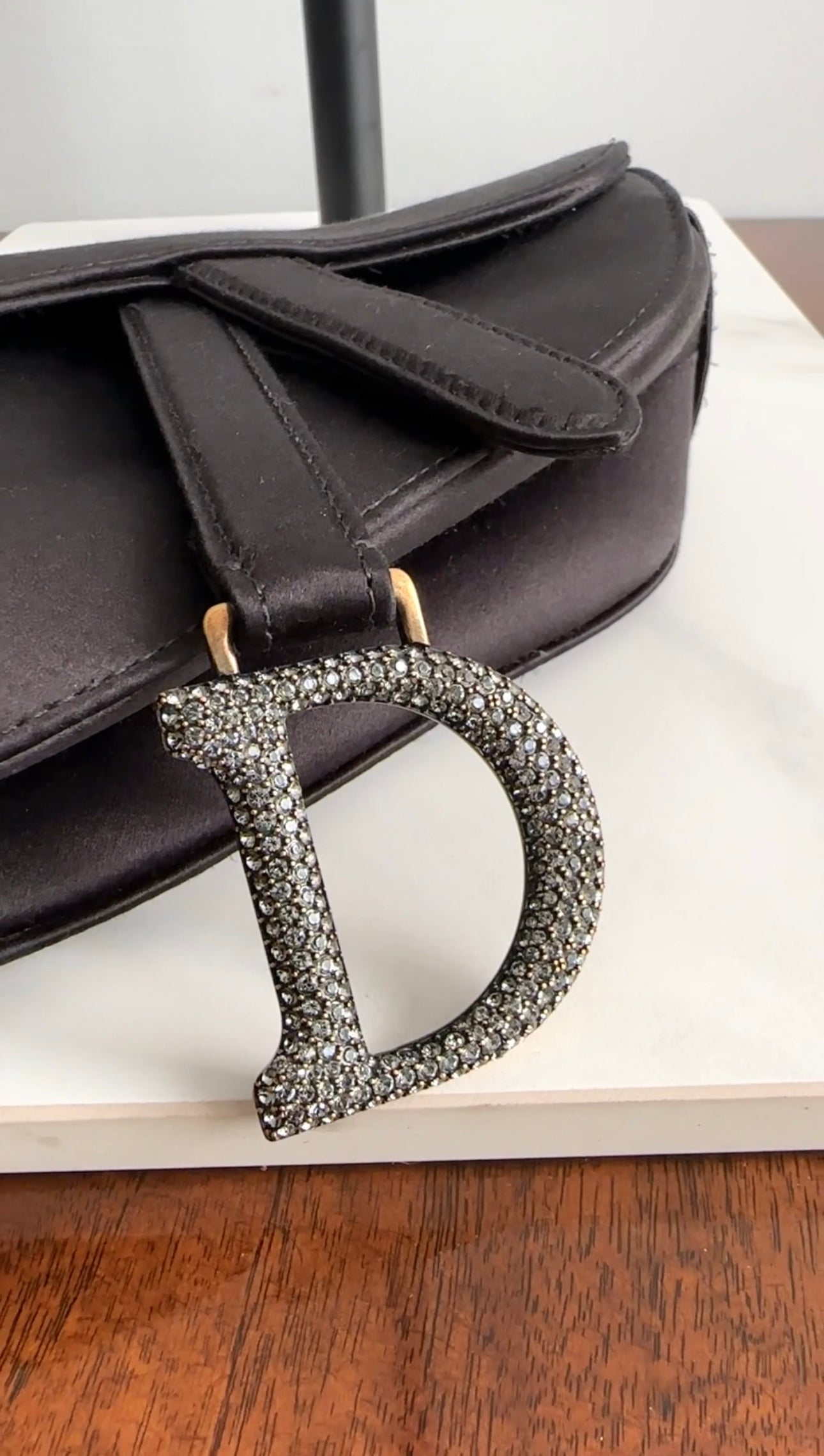 Christian Dior Black Satin Crystal Embellished Mini Saddle Bag - Luxury Crossbody Purse for Women, Perfect for Evening Parties & Special Occasions