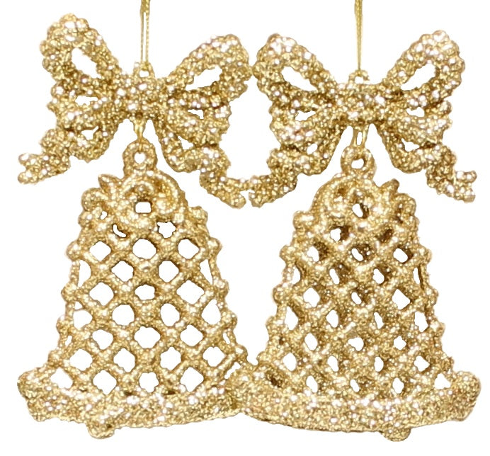 2 Pack of Glitter Christmas Bell Ornaments - White, Red & Gold Holiday Decorations for Tree, Wreath, Gift Wrapping & Party Decor