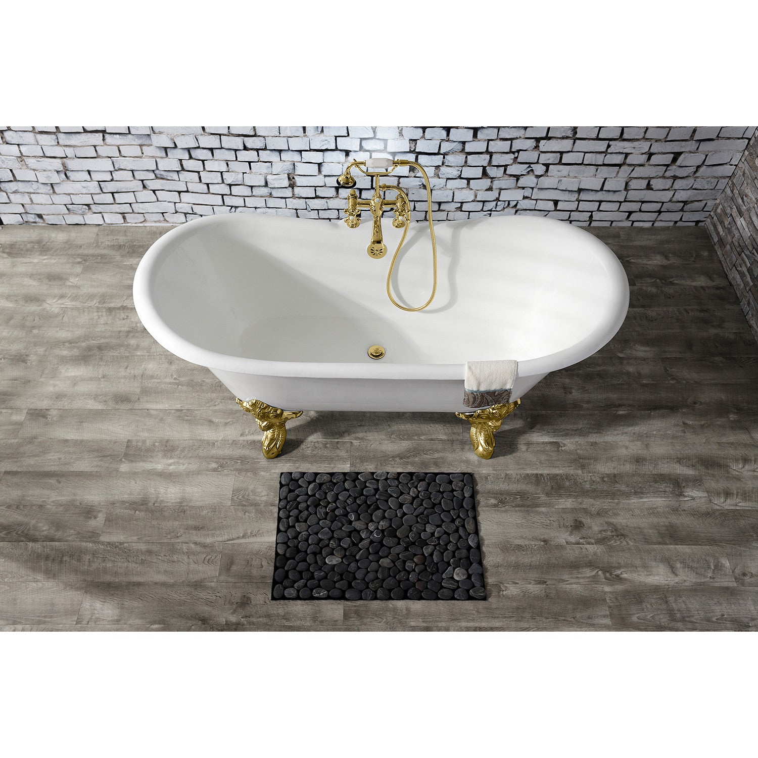 Aqua Eden 67 Inch White Cast Iron Oval Double Slipper Clawfoot Bathtub with Polished Brass Faucet Drillings - Vintage Freestanding Soaking Tub for Luxury Bathroom & Spa Retreat