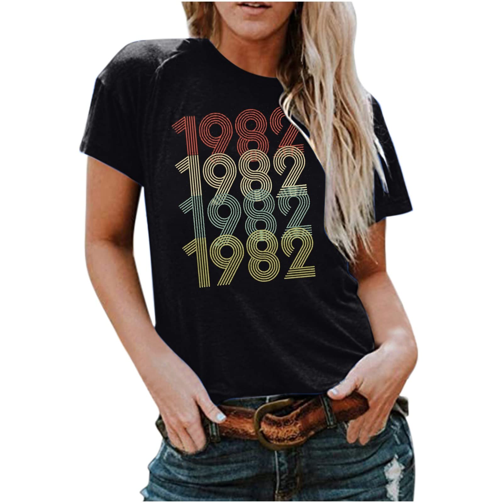 Trendy 1982 Letter Print Women's Summer T-Shirt - Casual Short Sleeve Crewneck Loose Fit Black Tee for Women | Perfect for Beach Outings, Streetwear & Everyday Comfort