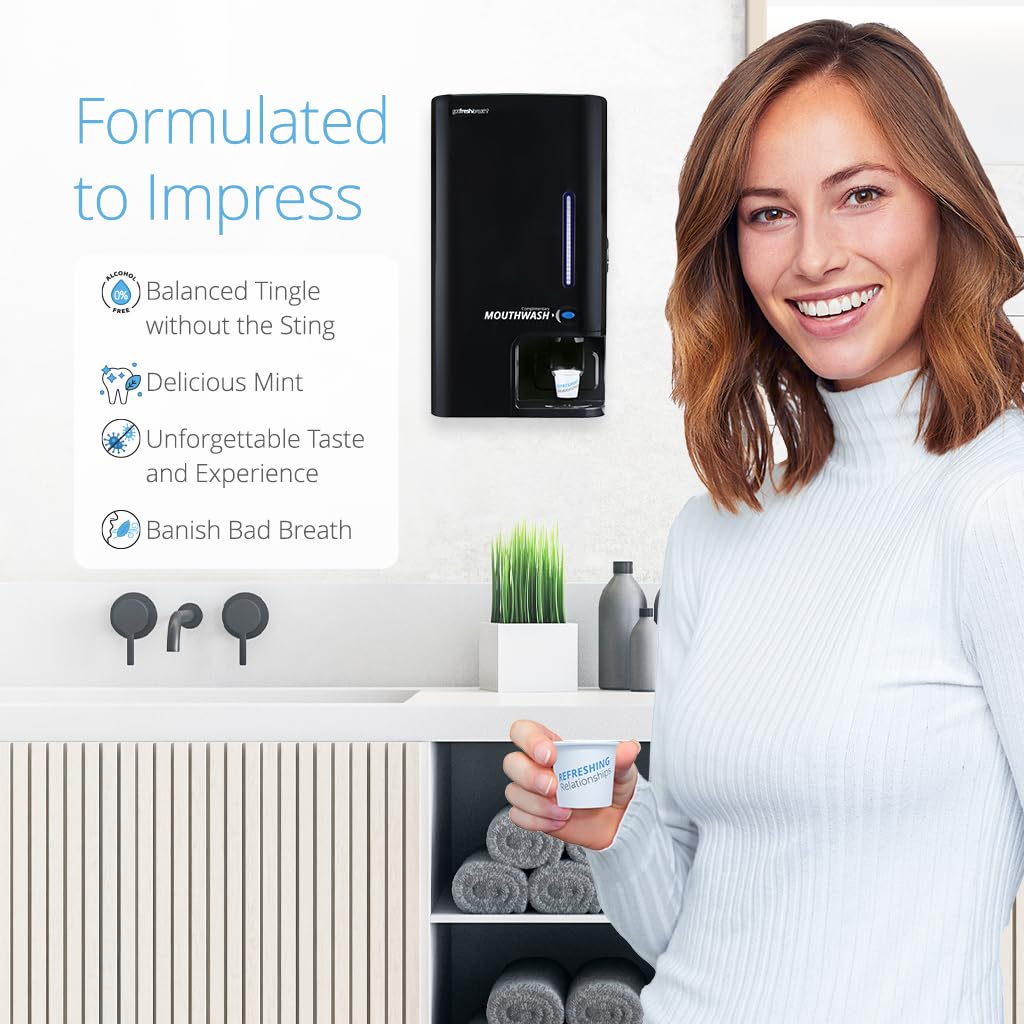 Automatic Mouthwash Dispenser for Bathrooms - Wall Mount or Standing, Slim Commercial Design with 100 Disposable Cups & 50oz Refill - Black | Perfect for Home, Office, Dental Clinics and Public Restrooms
