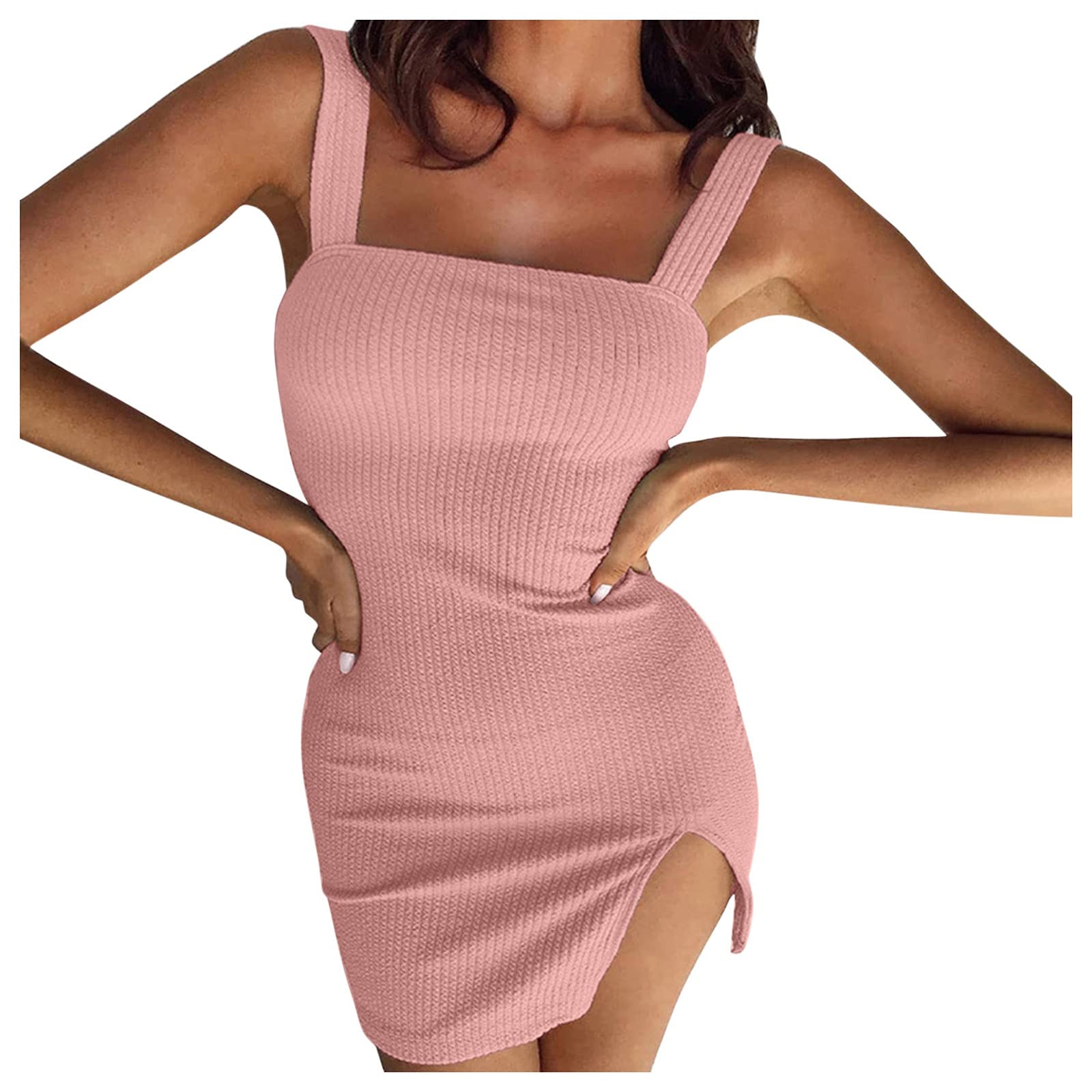 Sinohomie Women's Slim Fit Mini Dress - Solid Color Camisole with Straight Collar | Summer Casual Dress for Date Night, Office Wear & Beach Outfits