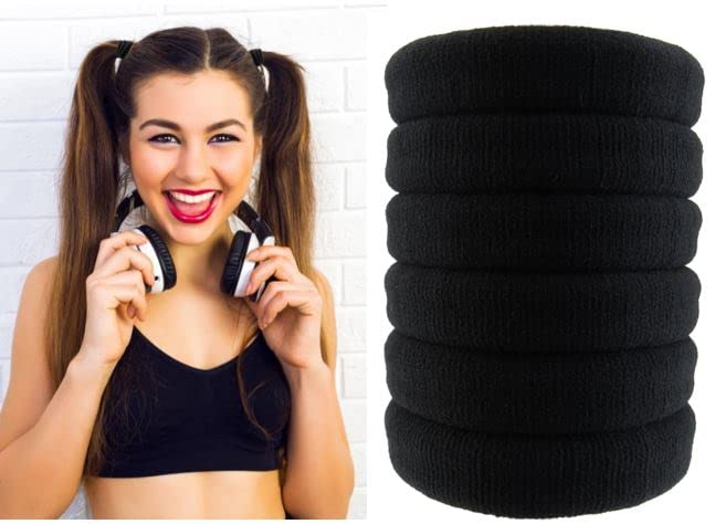 Styla Hair 6 Pack No Crease Hair Ties - Black Seamless Elastic Bands for Thick, Curly & Wavy Hair - No Slip No Damage Ponytail Holders for Women & Men - All Day Comfort - Perfect for Workouts, Running, Yoga & Daily Activities