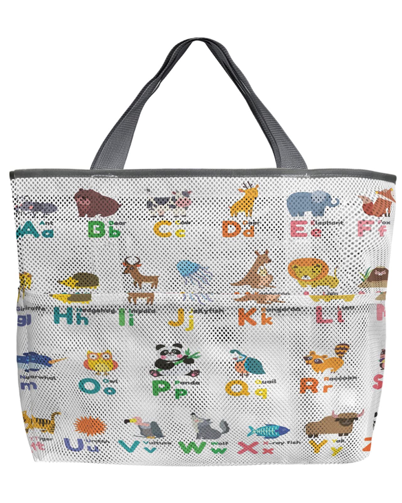 ABC Learning Alphabet Animals Mesh Beach Tote Bag - 60L Oversized Foldable Lightweight Swim Bag with Pockets for Kids, Pool & Beach - Educational Toy & Grocery Storage (24