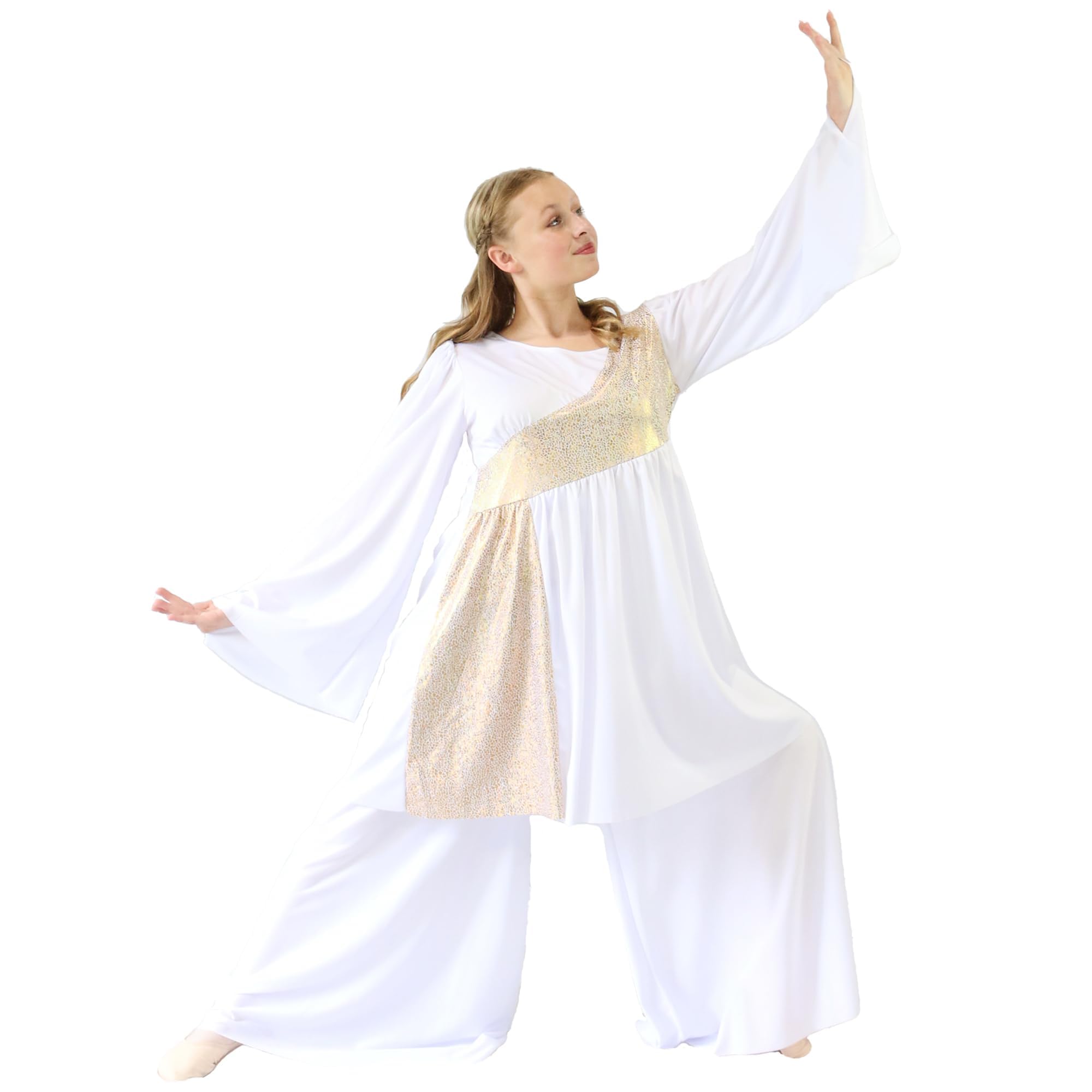 Shimmery Asymmetrical Praise Dance Tunic for Women with Bell Sleeves | Worship Dance Costume | Church Performance Outfit | Perfect for Gospel Choir, Sunday Service & Christian Dance Ministry