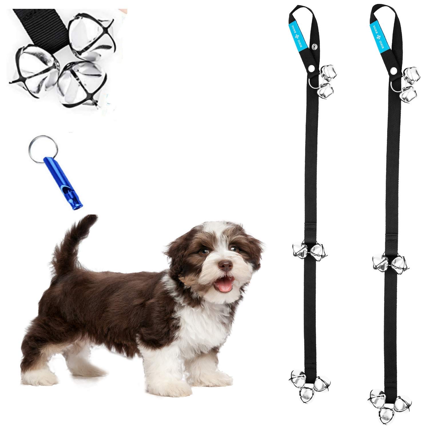 Duke & Dixie Dog Doorbells - 2 Pack Adjustable Pet Training Bells for Puppy Potty Training | Premium Quality Extra Large Loud Door Bells with Whistle | Perfect for Housebreaking Dogs & Teaching Outdoor Bathroom Habits