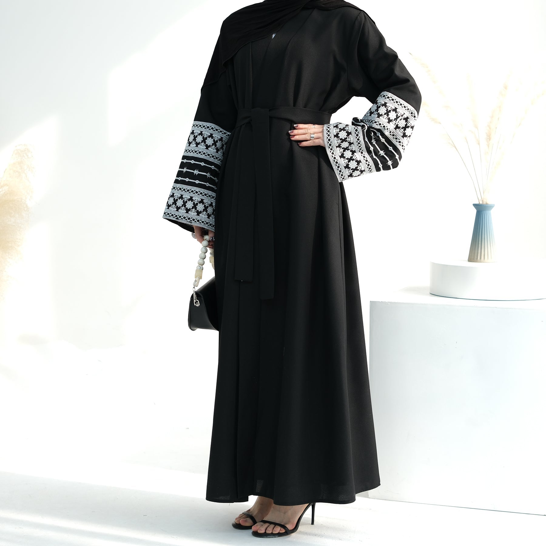 Balkis Embroidered Open Abaya Dress - Elegant Black Muslim Abaya for Women | Perfect for Prayer, Mosque, and Special Occasions