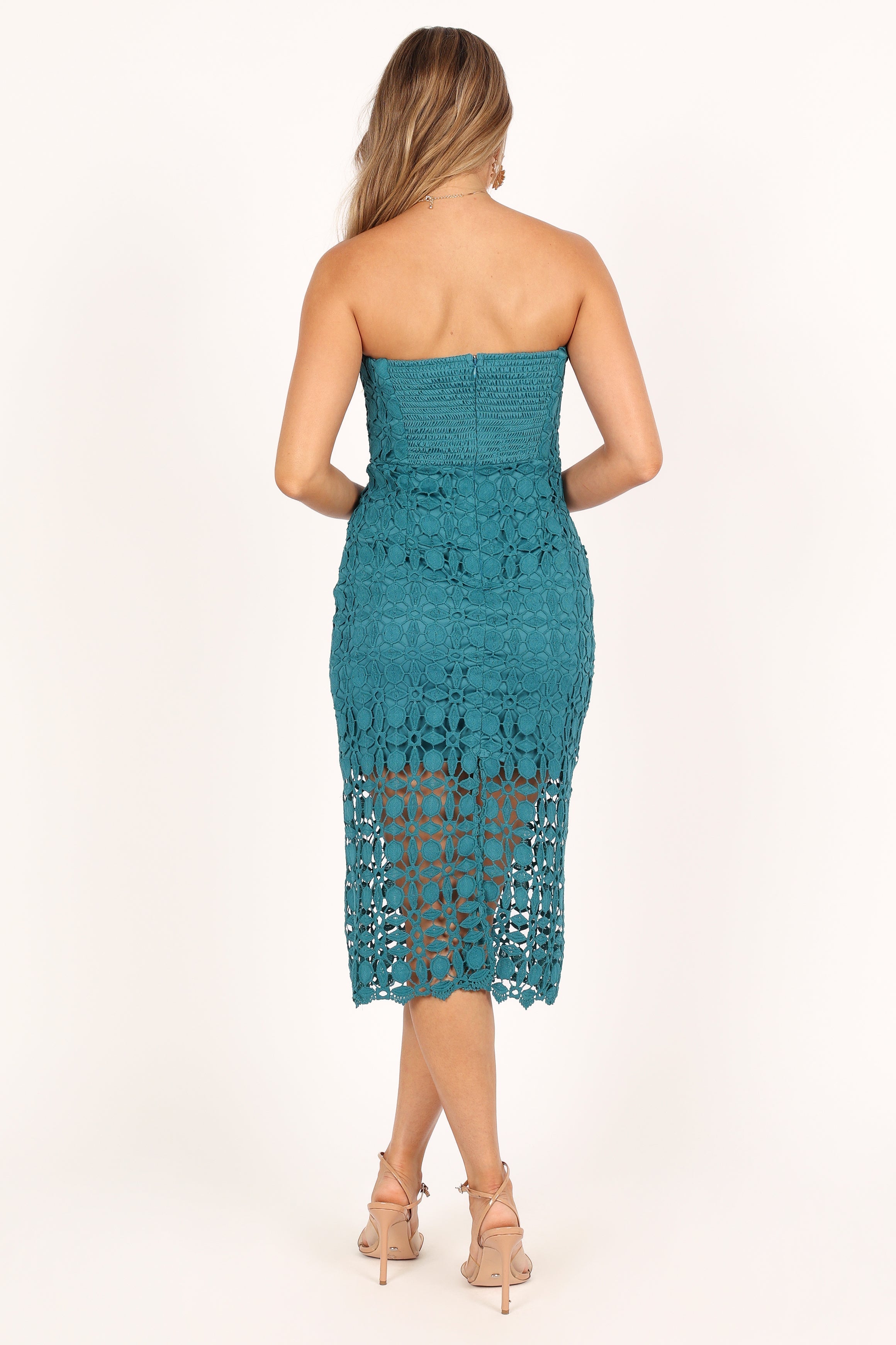 Elegant Strapless Lace Midi Dress in Teal - Perfect for Weddings, Parties & Special Occasions
