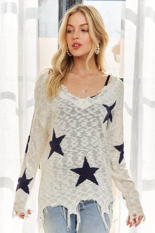 ADORA Distressed Star Sweater Top for Women - Trendy Oversized Knit Pullover with Unique Star Design | Perfect for Casual Outings, Date Nights & Fall Layering
