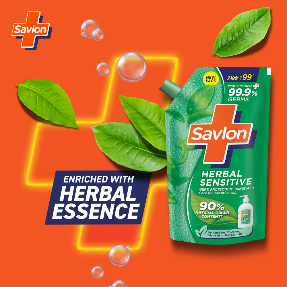 Savlon Herbal Sensitive pH Balanced Liquid Handwash Refill Pouch - 675ml | 90% Natural Ingredients | 99.9% Germ Protection | Gentle for Sensitive Skin | Ideal for Home, Office & Public Spaces