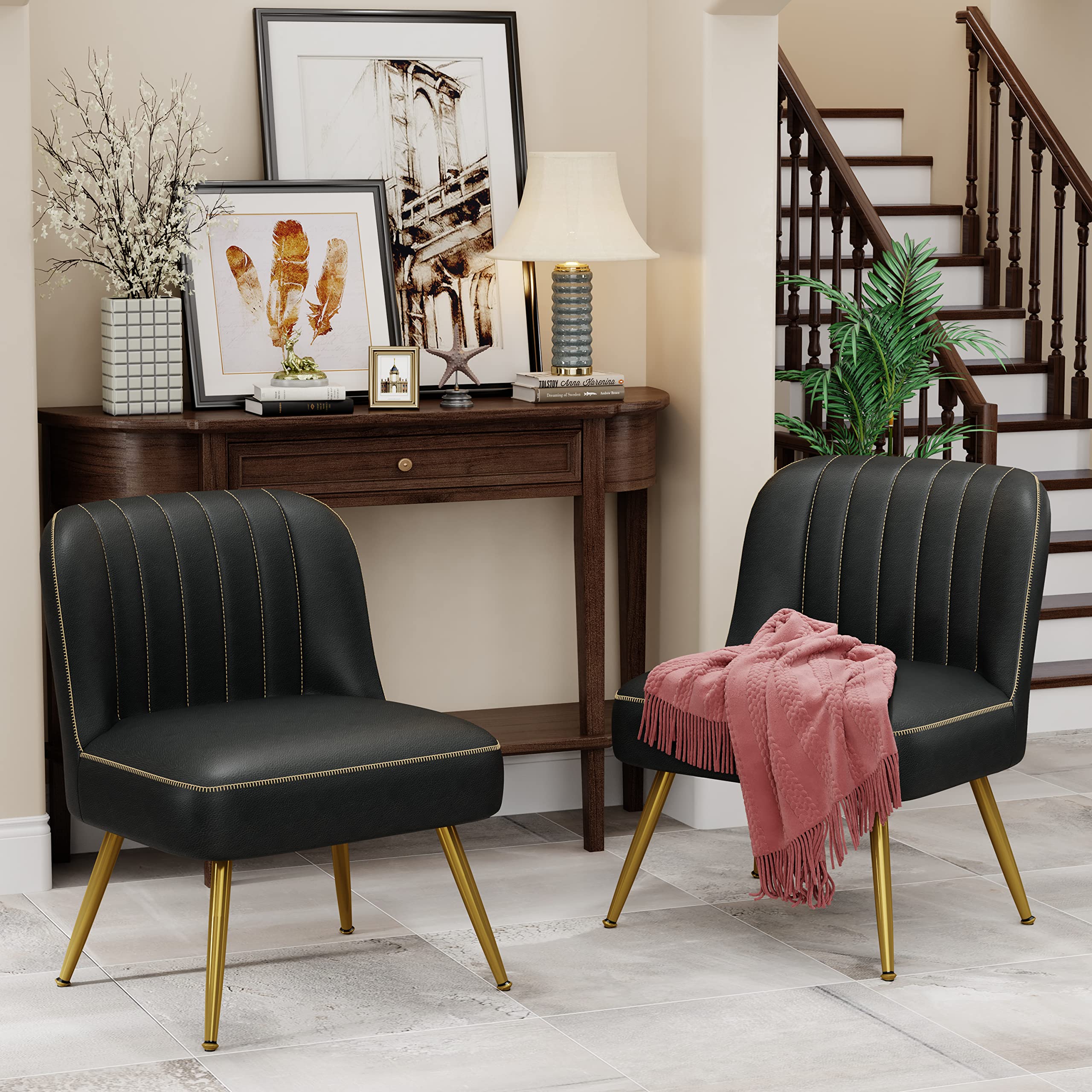 Andeworld 2-Piece Modern Accent Chair Set - Upholstered Leather Living Room Chairs, Elegant Armless Small Side Club Chairs with Golden Legs for Bedroom, Office or Lounge - Black