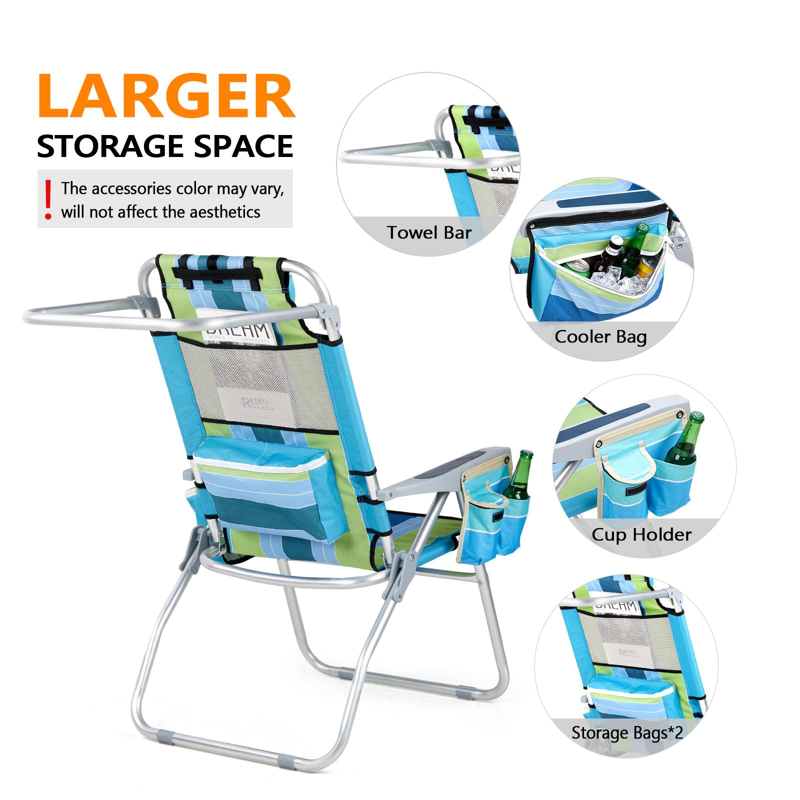 VINGLI 2 Pack Tall Beach Chairs with 5-Position Recline, Cooler Bag, Cup Holders & Towel Bar - Lightweight Folding Camping Chairs for Adults (Blue/Green) - Perfect for Beach, Poolside, Backyard, Camping & Outdoor Relaxation