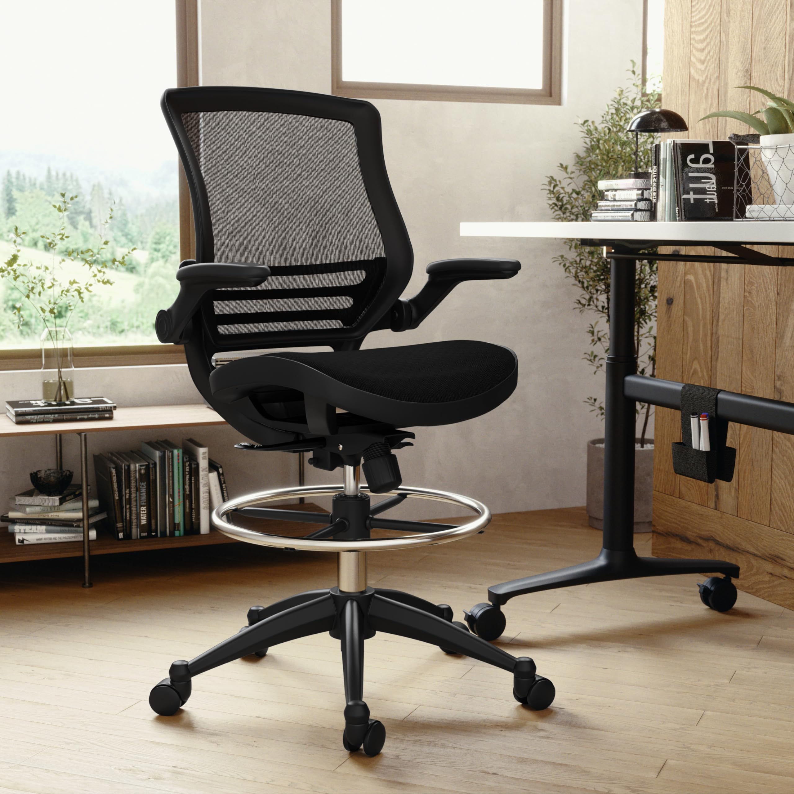 EMMA + OLIVER Black Mesh Drafting Chair with Flip-Up Arms - Ergonomic Mid-Back Office Chair for Architects & Designers - Perfect for Home Office, Studio, and Drafting Table Workspaces