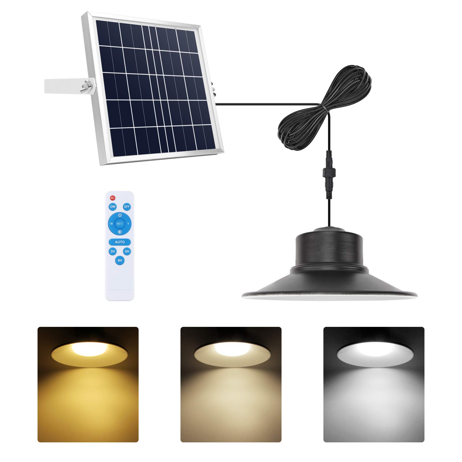NIORSUN LED Solar Pendant Light Outdoor - Dimmable 3000K/4000K/5000K with Remote Control, 16.4ft Cable IP66 Waterproof - Perfect for Patio, Garage, Camping, Chicken Coop & Shed Lighting | Solar Powered Decorative Lights for Backyard, Garden & Pathway