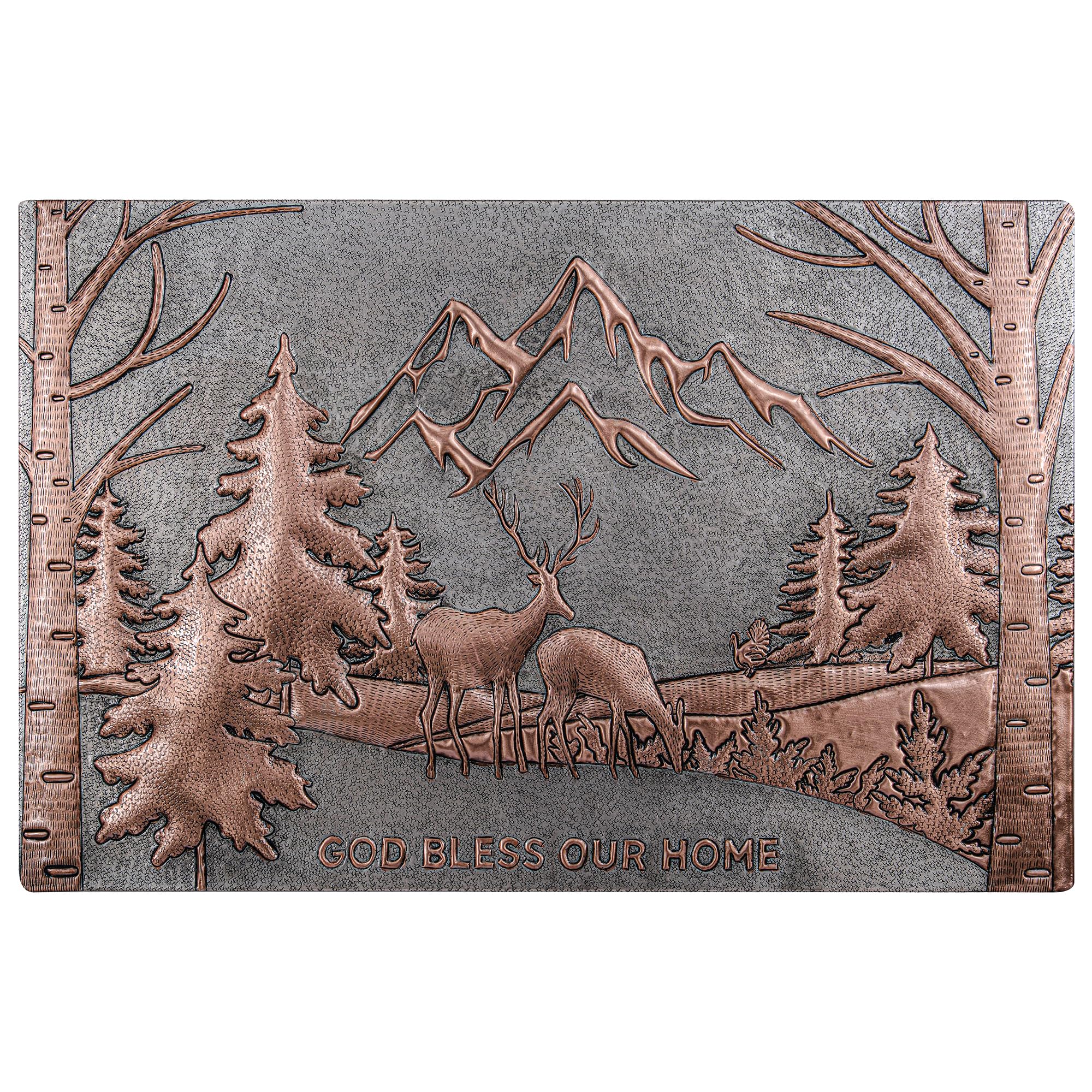 Handmade Custom Copper Kitchen Backsplash Panel - Pine Trees & Mountain Scenery with Deer Design - Indoor/Outdoor Wall Decor for Rustic Cabin, Farmhouse, or Modern Kitchen (Gray & Copper Finish)