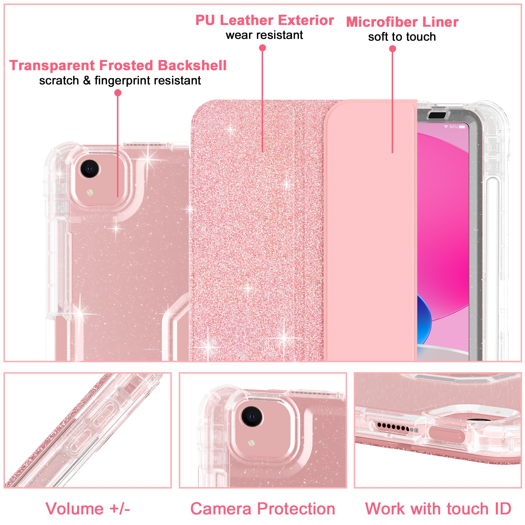Premium iPad Air 11 Inch Case 2024 & iPad Air 5th/4th Gen 10.9 Inch Case (2022/2020) - Sparkly Glitter Trifold Stand Leather Cover with Pencil Holder, Auto Wake/Sleep & Clear TPU Back (Rose Gold) - Perfect for Work, School & Travel Protection