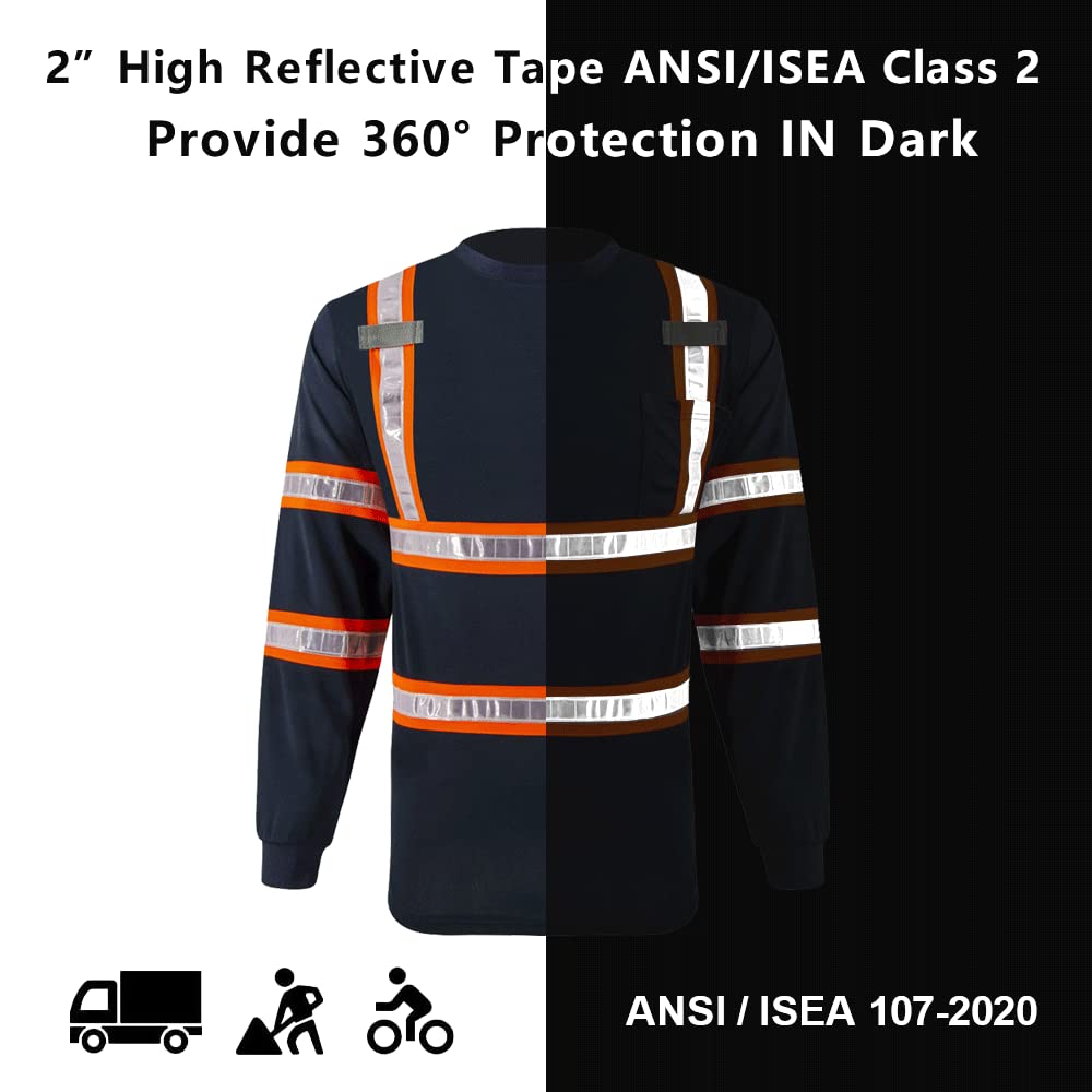 High Visibility Reflective Safety Work Shirts with PVC Tape - Long Sleeve T-Shirts with Pockets for Men & Women - Ideal for Construction, Roadwork & Nighttime Outdoor Jobs