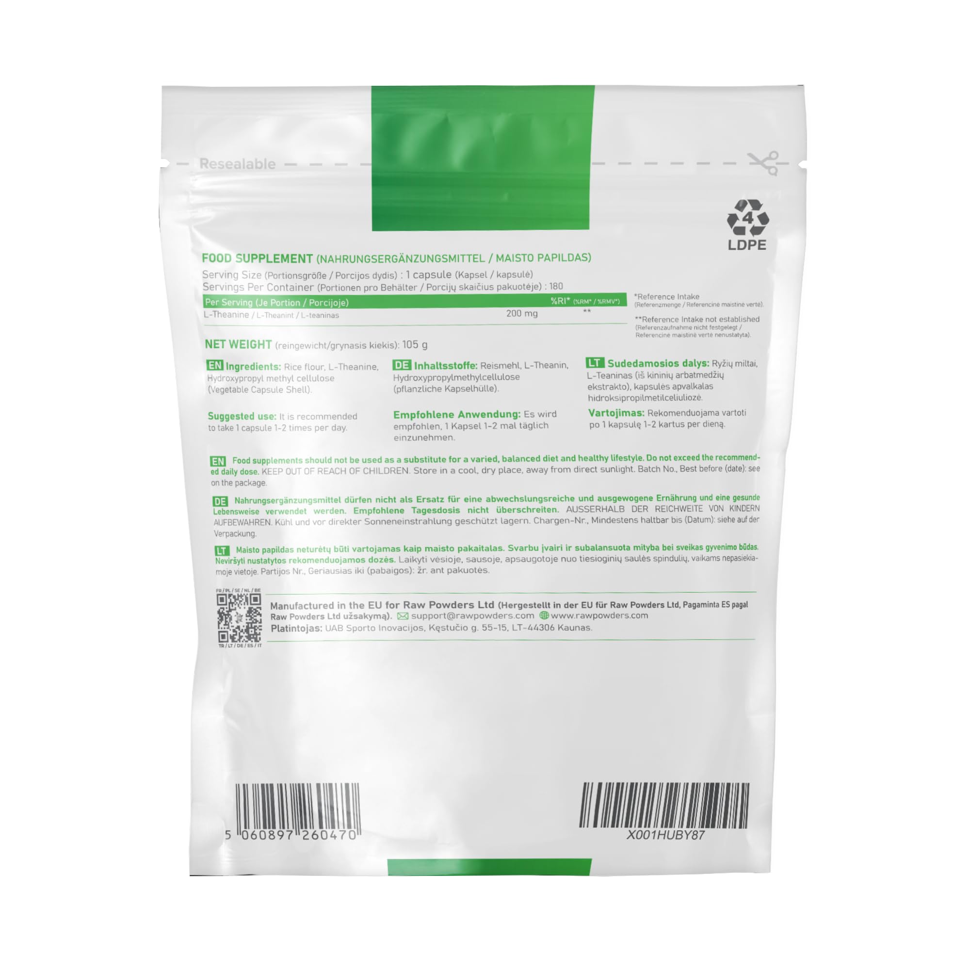 Raw Powders L-Theanine 200mg, 180 Capsules – Natural Relaxation & Focus Supplement – Non-GMO, Gluten-Free, GMP Certified Nootropic – Stress Relief & Mental Clarity for Work, Study, and Meditation