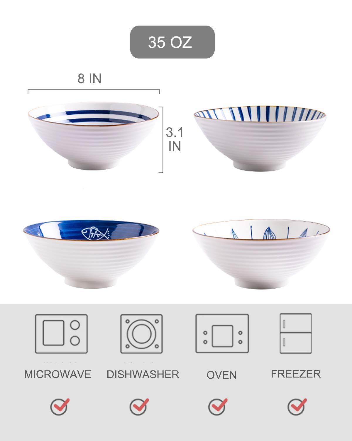 4-Piece Porcelain Bowl Set for Ramen, Pho & Salads - 8-inch, 35oz