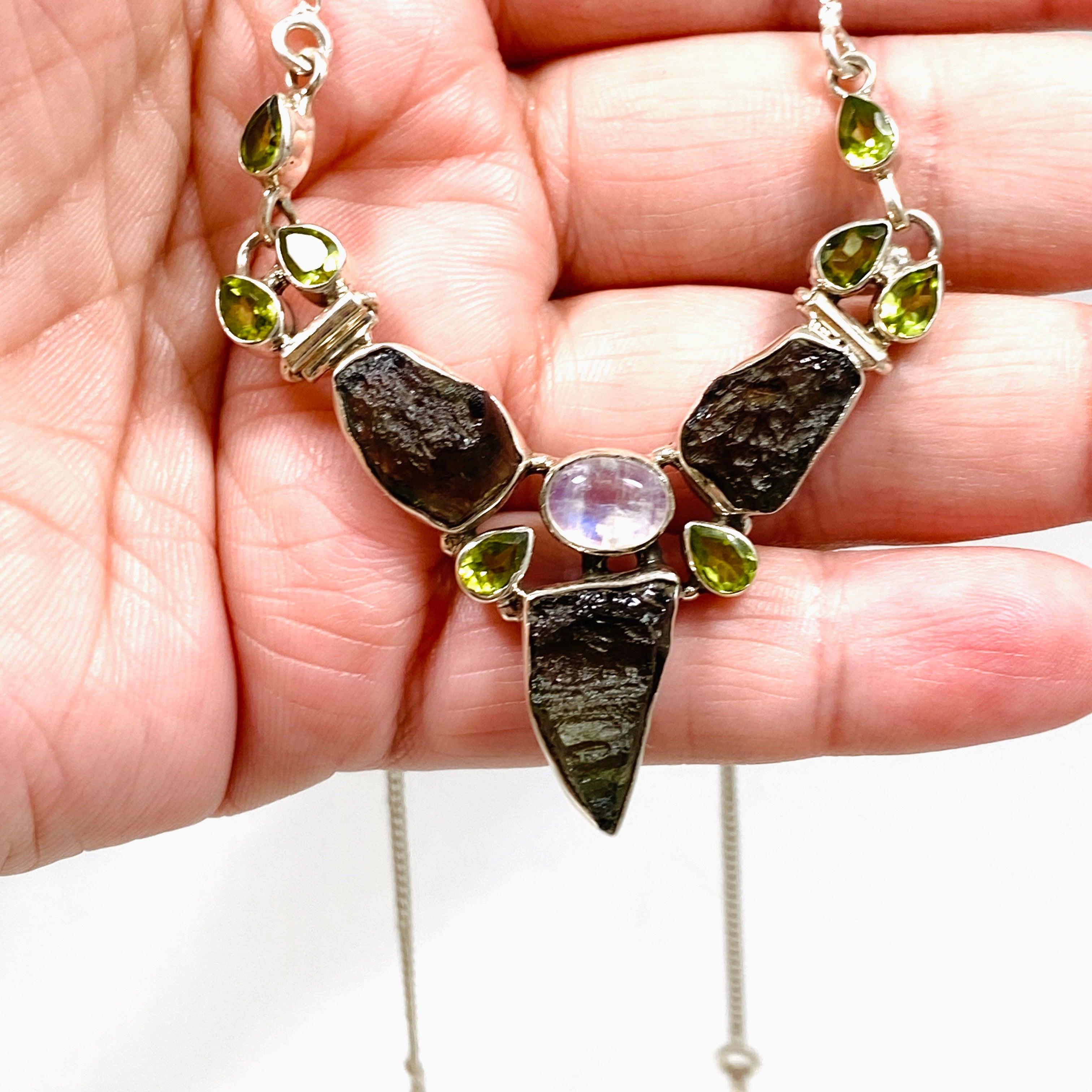 Natural Moldavite Moonstone Peridot Pendant Necklace - Elegant Healing Crystal Jewelry for Women - Perfect for Meditation, Spiritual Healing & Energy Balancing